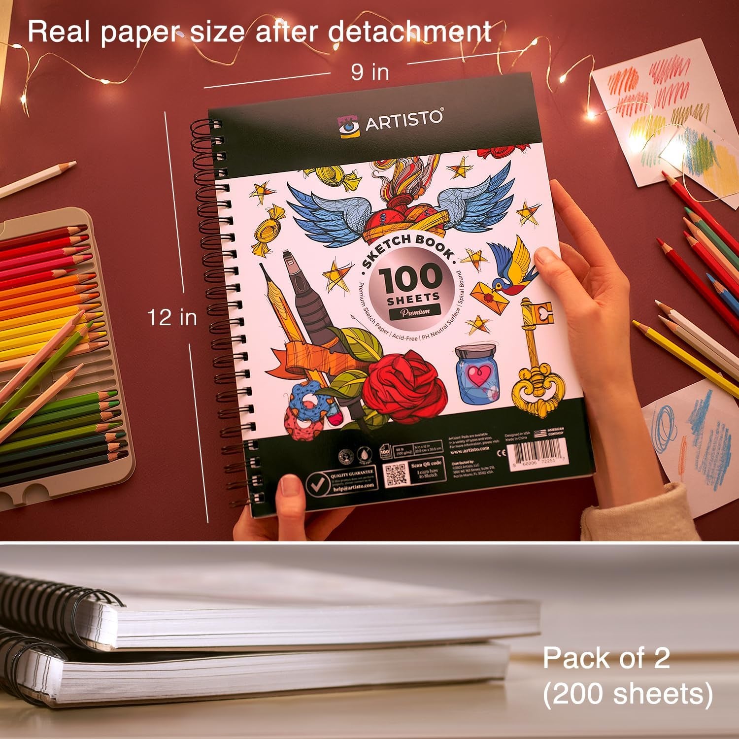 9X12 Premium Sketch Book Set, Spiral Bound, Pack of 2, 200 Sheets (100G/M2), Acid-Free Drawing Paper, Ideal for Kids, Teens & Adults.