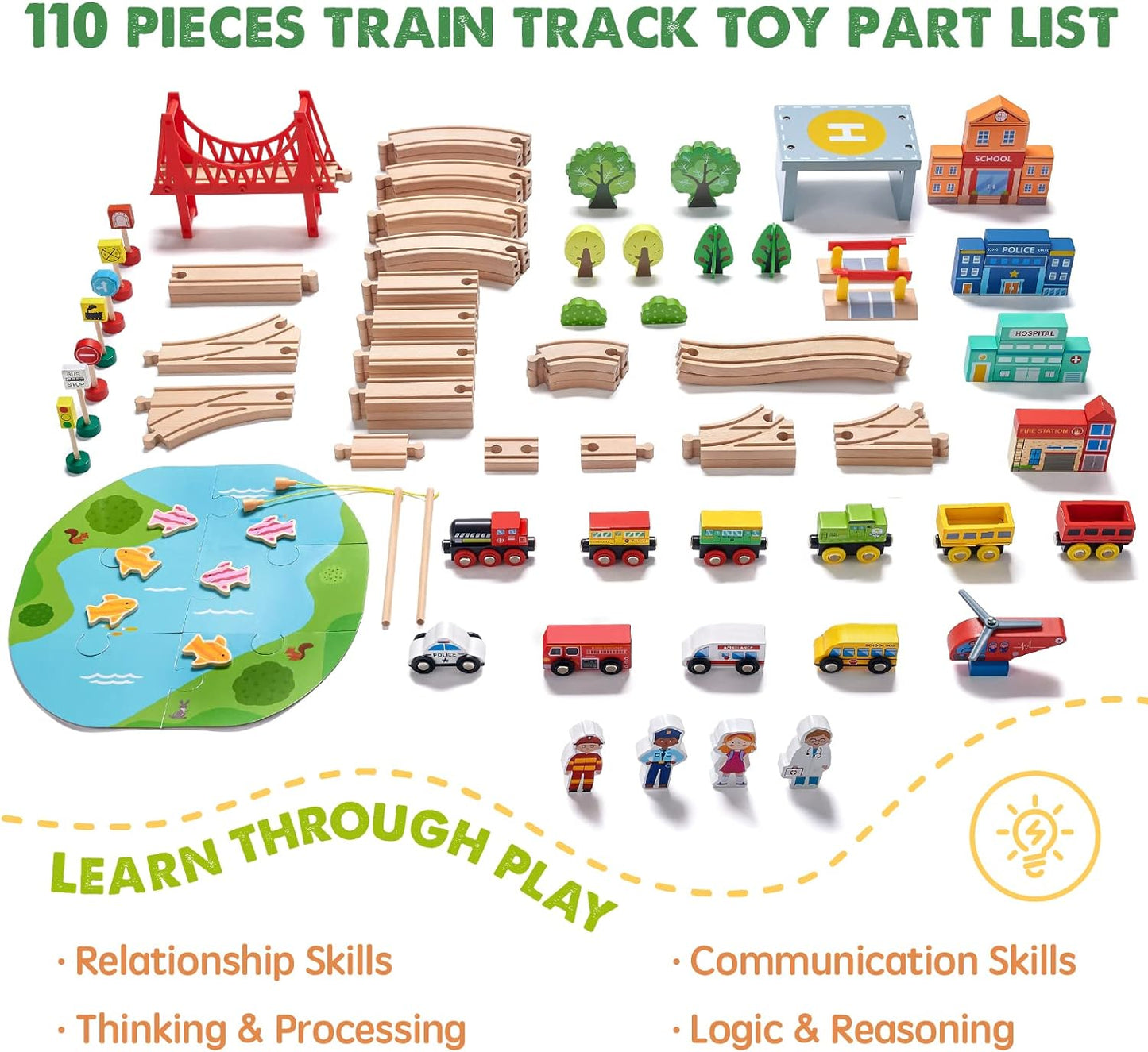 Train Set 110Pcs Wooden Train Set, Toy Train for Boys & Girls with Wooden Train Track, Wooden Toys for 3-7 Years Old Toddlers & Kids, Railway Set Christmas Toys for Kids