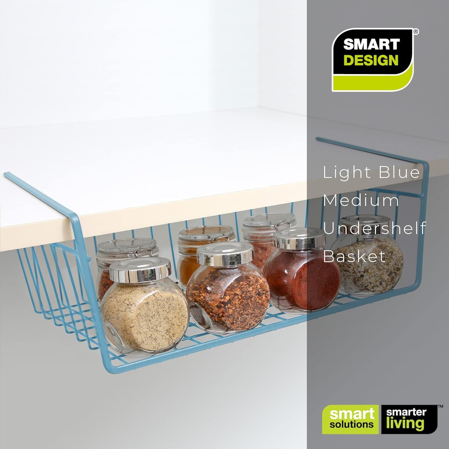 Undershelf Storage Basket - Medium - Snug Fit Arms - Steel Metal Frame - Rust Resistant - Cabinet, Pantry, and Shelf Organization - 16 X 5.5 Inch - Light Blue