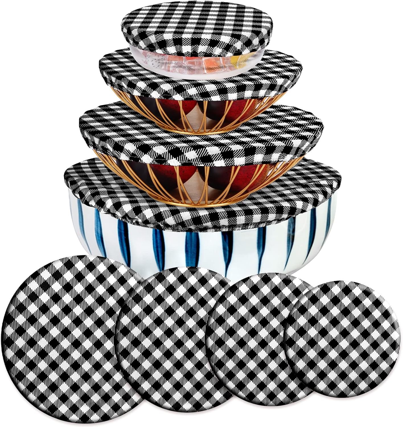 8 Pieces Reusable Bowl Covers Baking Dish Covers Elastic Food Storage Covers Washable Bowl Covers for Bread Proofing, Outdoor Food Storage, 6, 8, 12, 14 Inch (Black-White Buffalo Plaid)