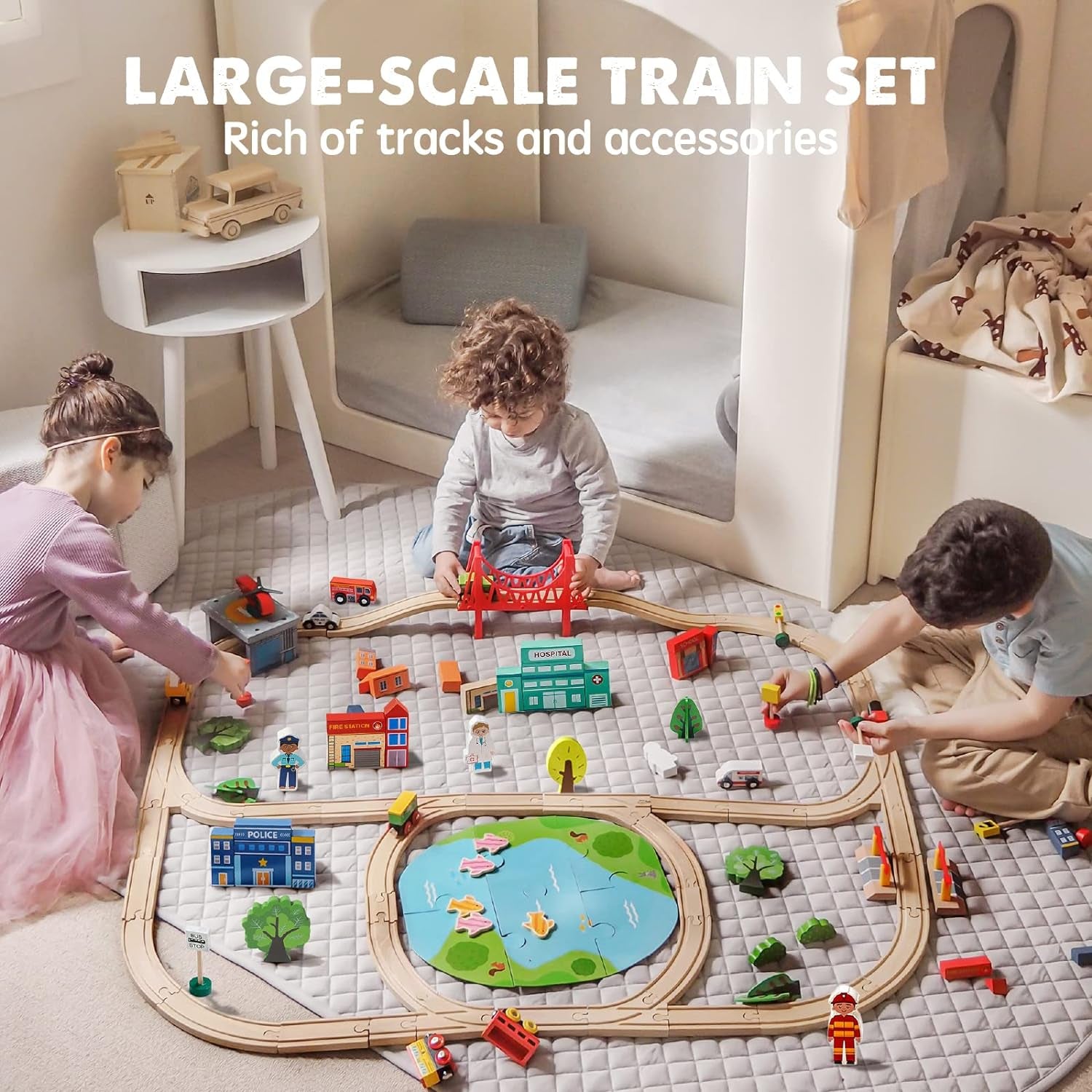 Train Set 110Pcs Wooden Train Set, Toy Train for Boys & Girls with Wooden Train Track, Wooden Toys for 3-7 Years Old Toddlers & Kids, Railway Set Christmas Toys for Kids