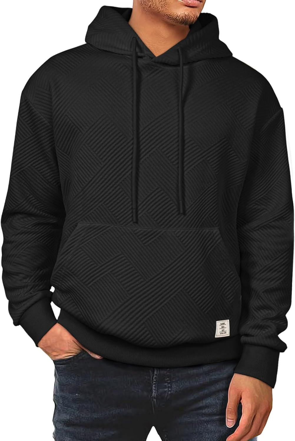 Men'S Fall Sweatshirts Hooded Soild Color Geometric Texture Long Sleeve Casual Pullover Sweaters