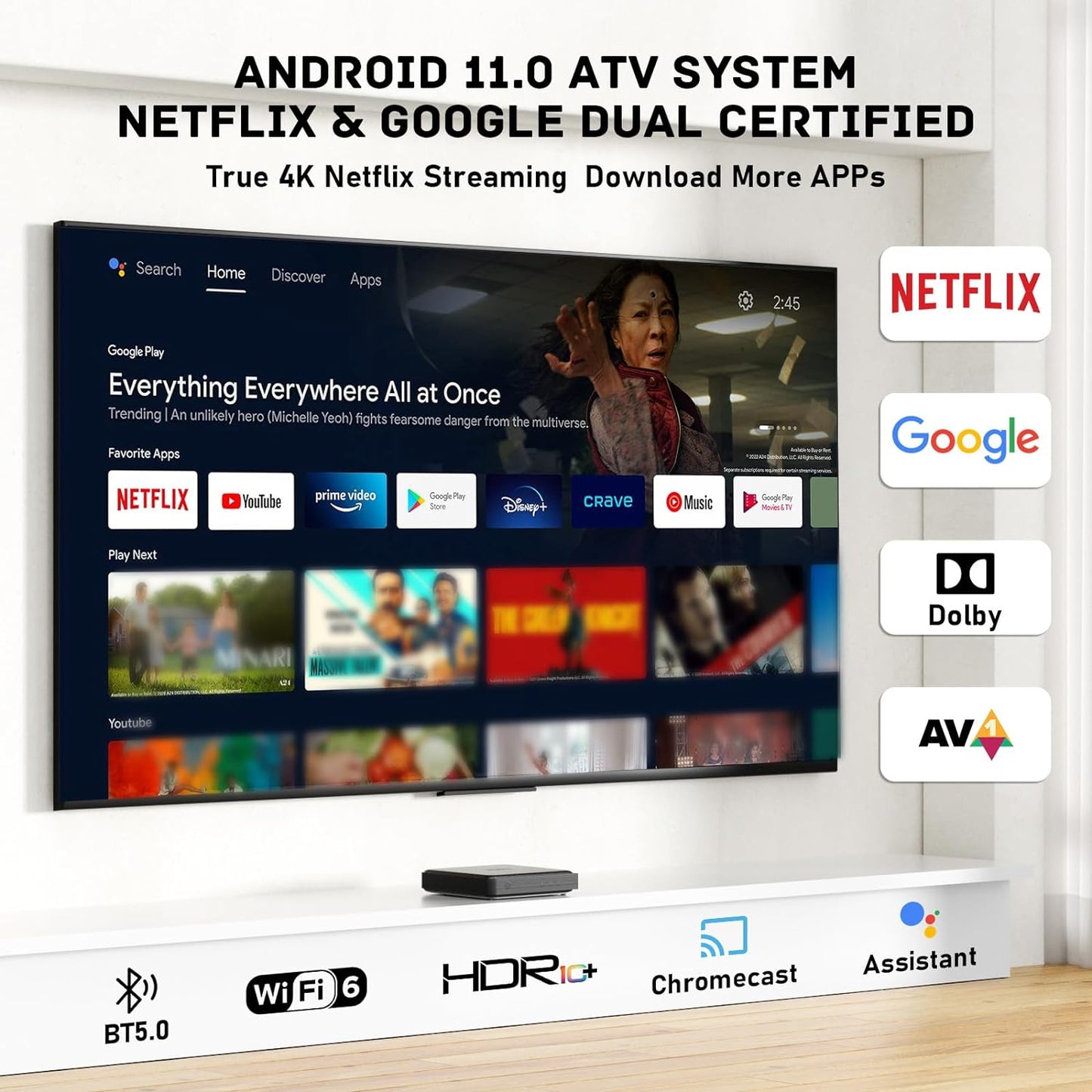 Android 11.0 TV Box 2024, G1 Streaming Media Box,Smart TV Box Compatible with Google Netflix Certified,4+32Gb,Ultra 4K HDR 10+/Dolby Vision/Dolby Audio,Wi-Fi 6,BT 5.0,Av1,Voice Remote Control