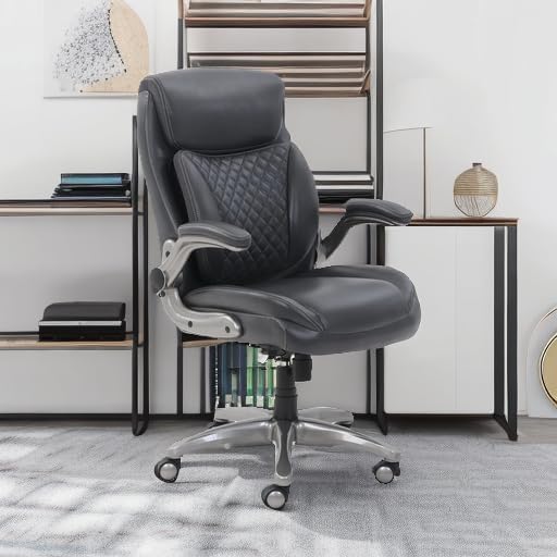 Ergonomic Executive Office Desk Chair with Flip-Up Armrests, Adjustable Height, Tilt and Lumbar Support, 29.5"D X 28"W X 43"H, Grey Bonded Leather (Previously Amazoncommercial Brand)