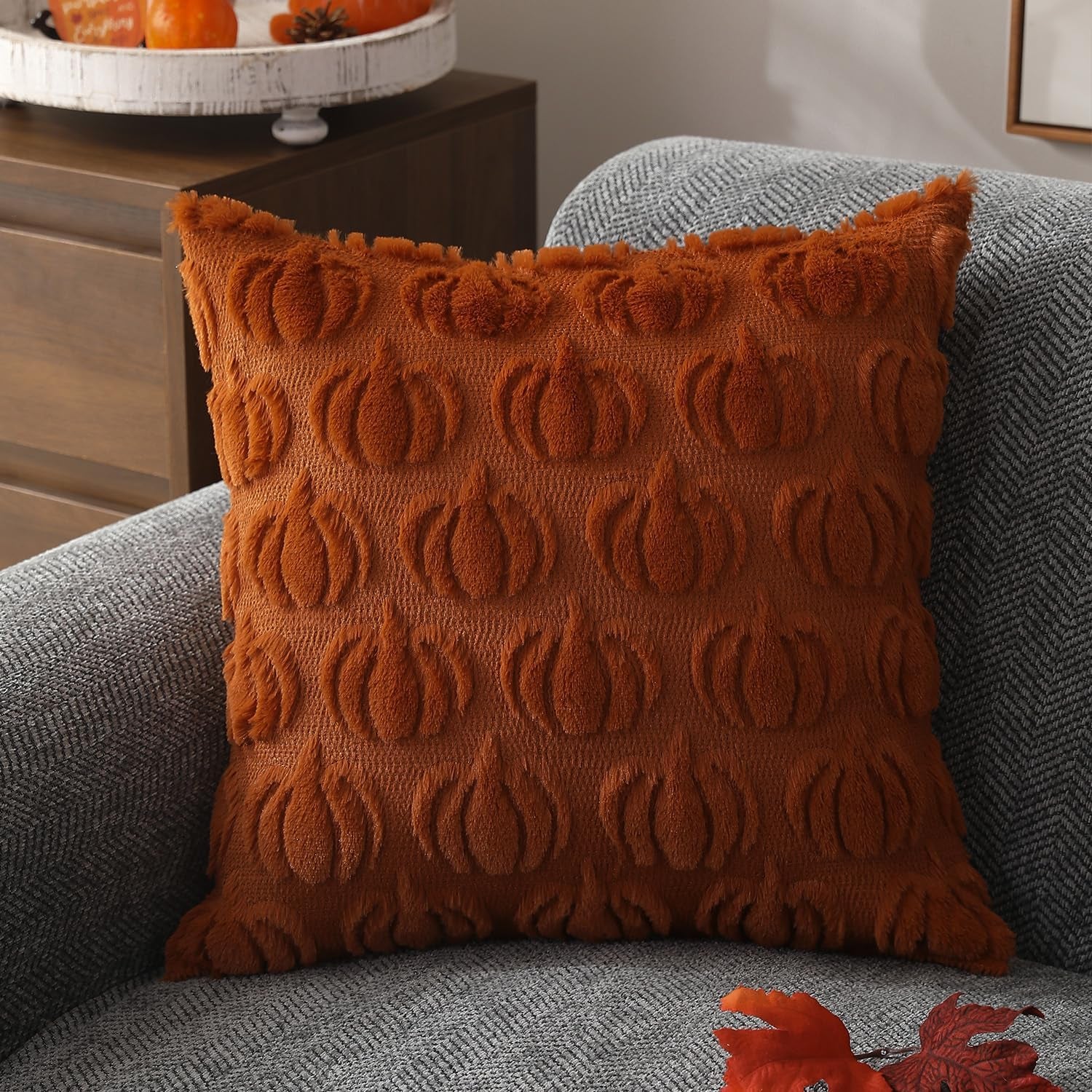 Fall Pillow Covers 18X18 Set of 2 Fall Decorations Autumn Rust Pumpkin Throw Pillow Cases Soft Plush Faux Fur Wool Couch Cushion Case for Chair Sofa Bedroom Living Room Home Decor PTK02A18