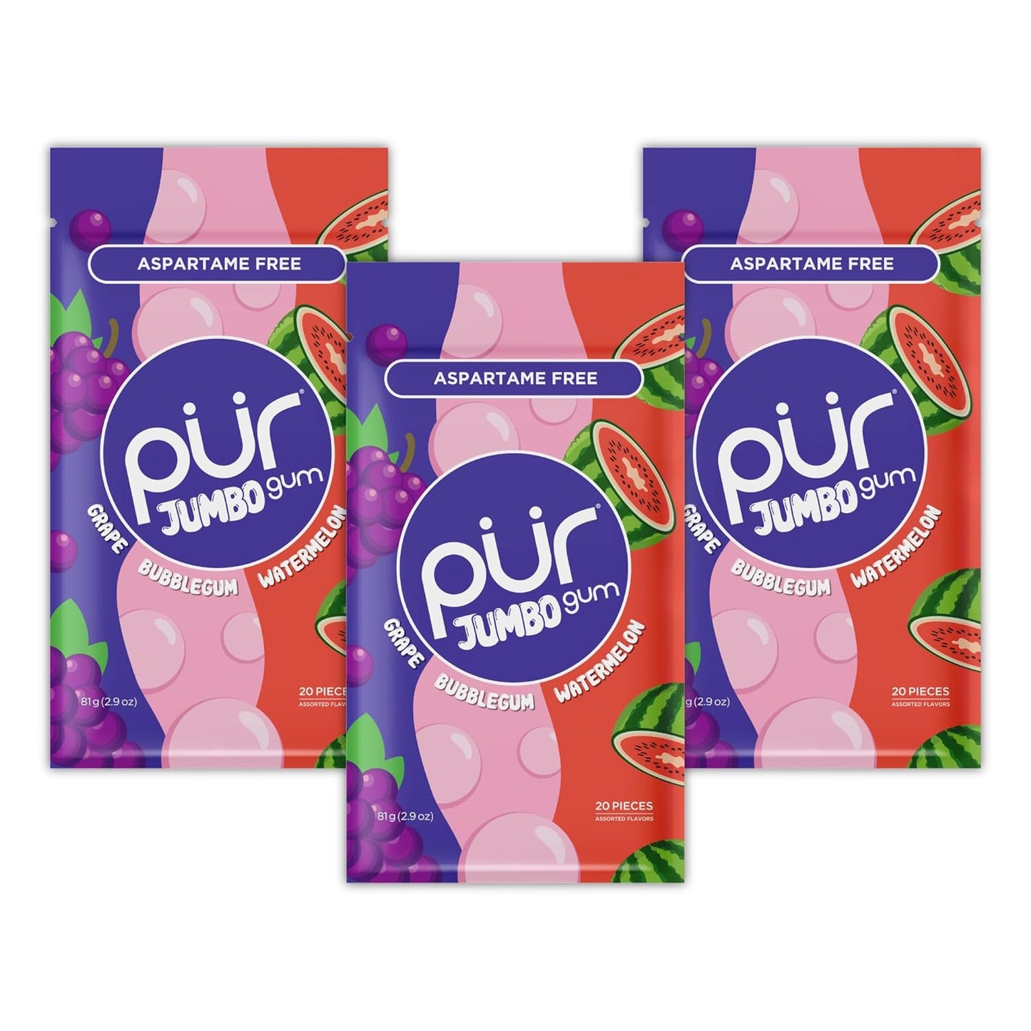 Jumbo Gum | Aspartame Free Chewing Gum | 100% Xylitol | Natural Bubblegum, Grape, Watermelon Flavor, 20 Pieces (Pack of 3)