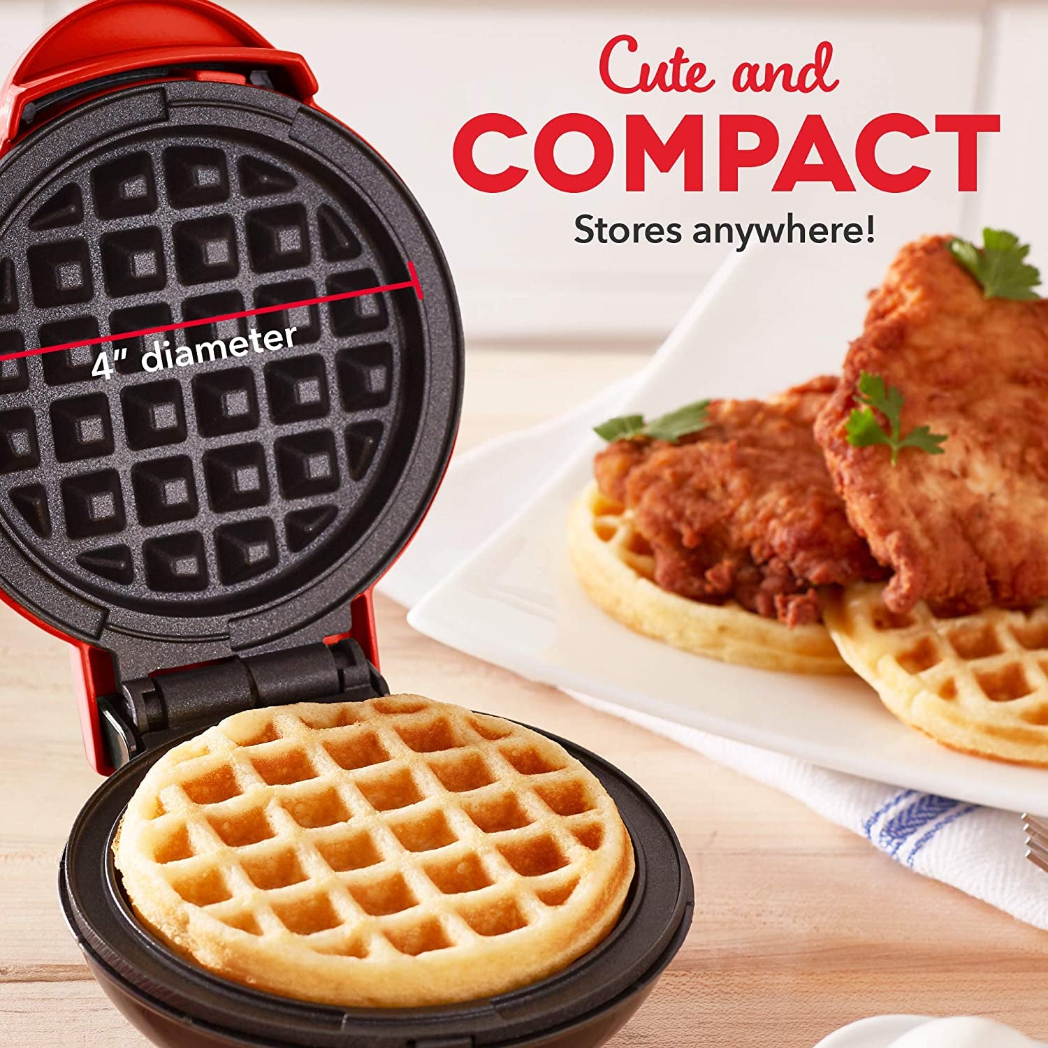 Mini Waffle Maker - 4” Waffle Mold, Nonstick Waffle Iron with Quick Heat-Up, Nonstick Surface - Perfect Mini Waffle Maker for Kids and Families, Just Add Batter (Red)