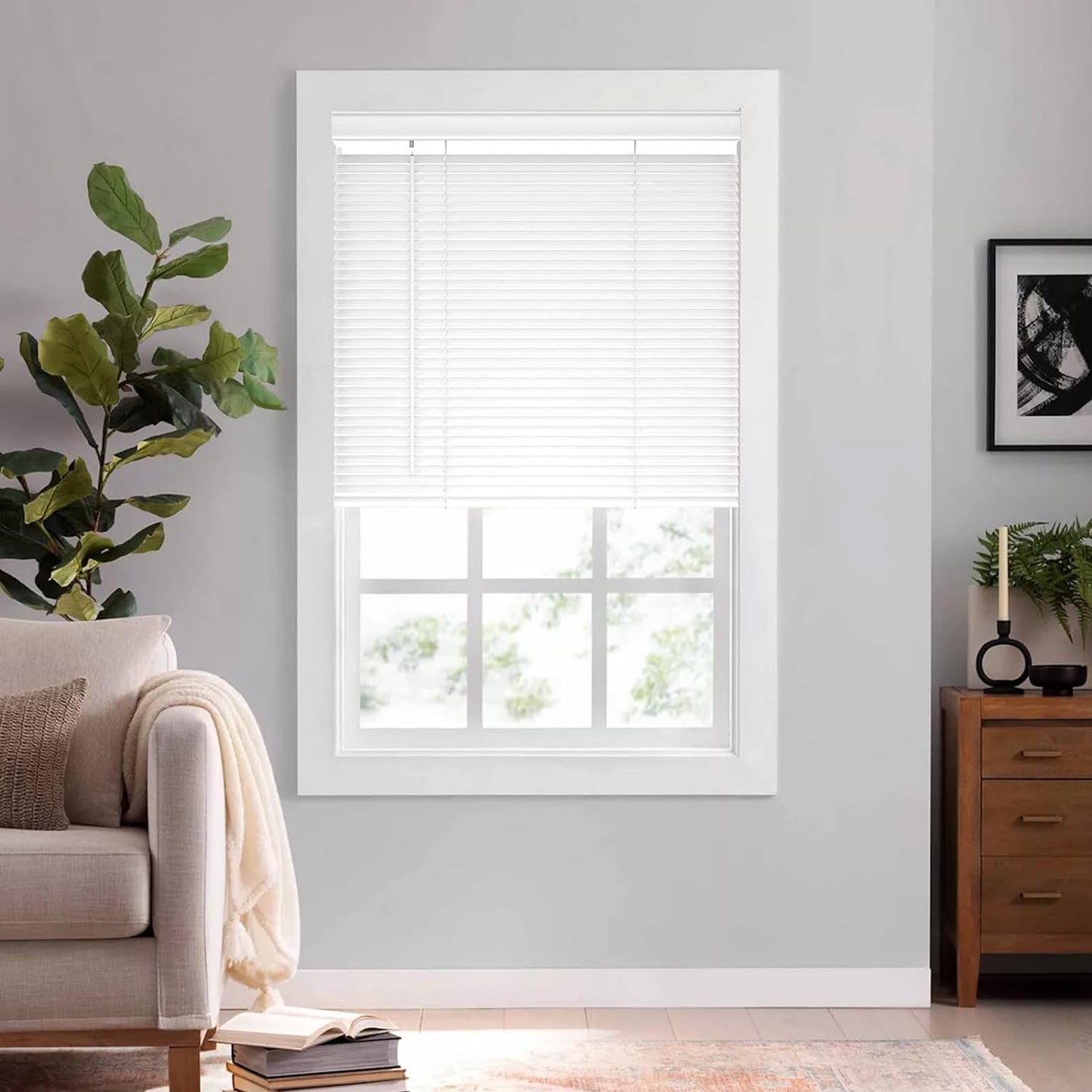 Faux Wood Blinds 2 Inch - Custom Premium PVC Blinds for Windows, Elegant Cordless Window Blinds for Inside/Outside Mount (Actual Size 26.5" W X 64" H) White