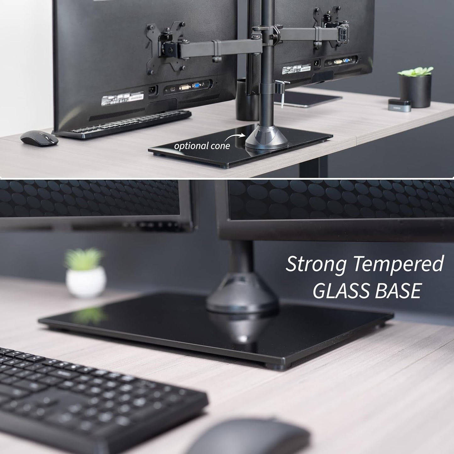 Freestanding Dual Monitor Stand with Sleek Glass Base and Adjustable Arms, Mounts 2 Screens up to 32 Inch and 22 Lbs Each, Black, STAND-V002FG