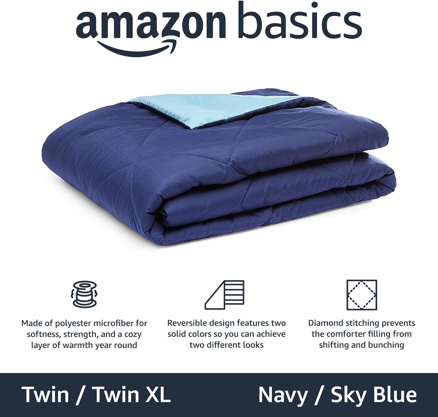 Reversible Lightweight Microfiber Comforter Blanket, Twin/Twin XL, Navy/Sky Blue