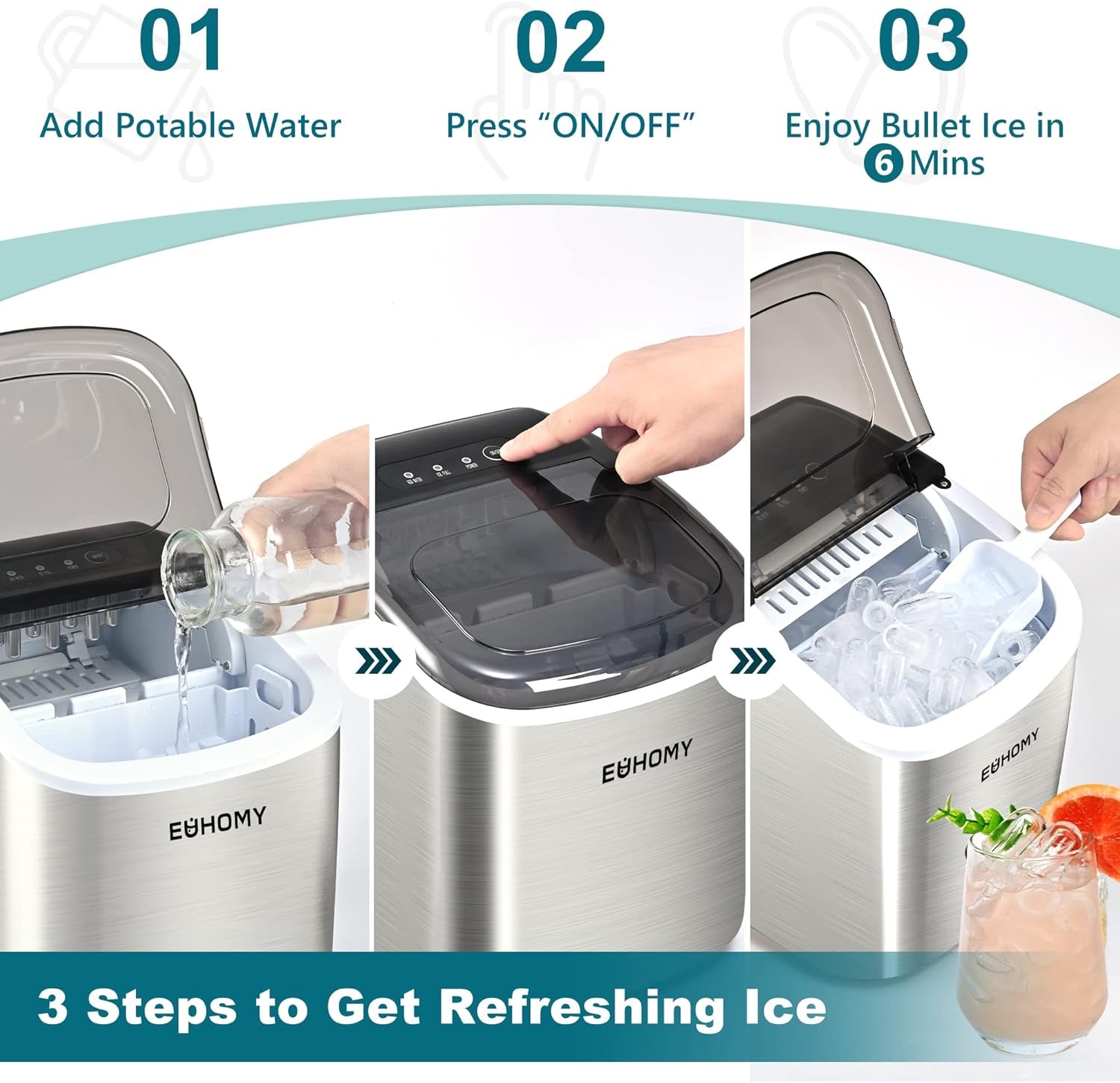 Countertop Ice Maker Machine with Handle, 26Lbs per Day, 9 Ice Cubes Ready in 6 Mins, Auto-Cleaning Portable Ice Maker with Basket and Scoop, for Home/Kitchen/Camping/Rv (Silver)