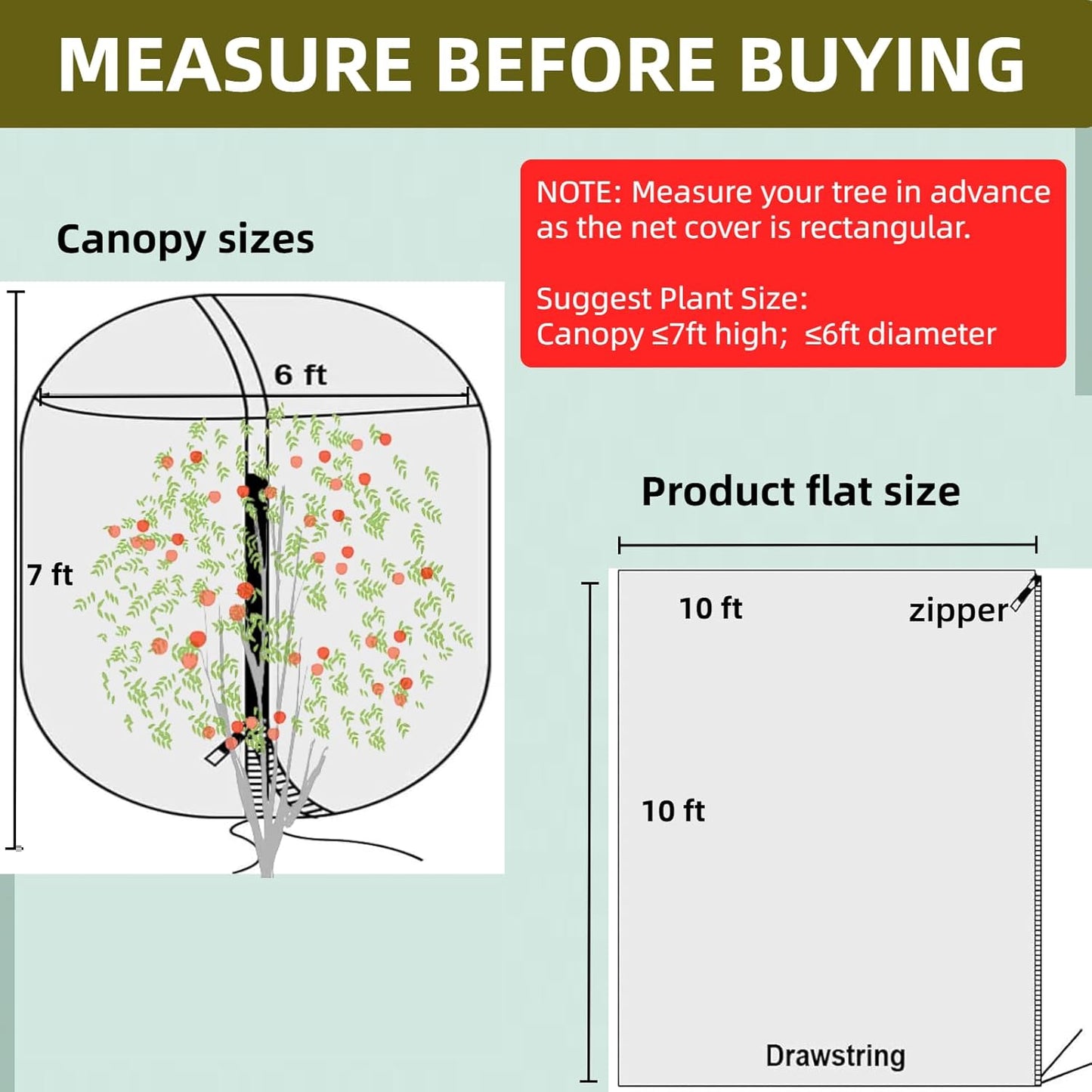Large Fruit Tree Netting Cover with Zipper and Drawstring, 10X10Ft, Fruit Tree Netting for Squirrels and Birds, Bird Netting for Fruit Trees and Garden Protection, White