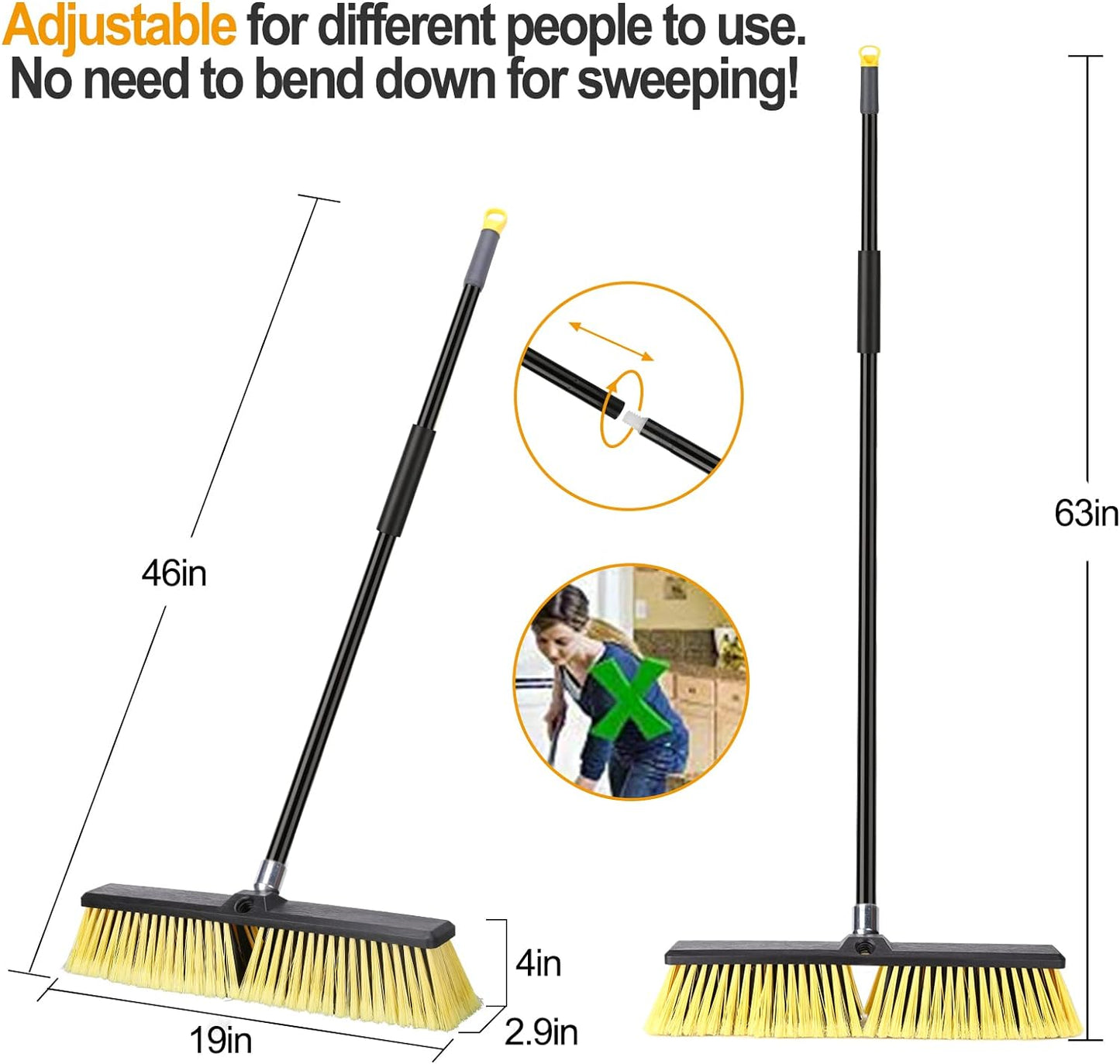 18 Inches Push Broom Outdoor- Heavy Duty Broom with 63" Long Handle for Deck Driveway Garage Yard Patio Warehouse Concrete Floor Cleaning