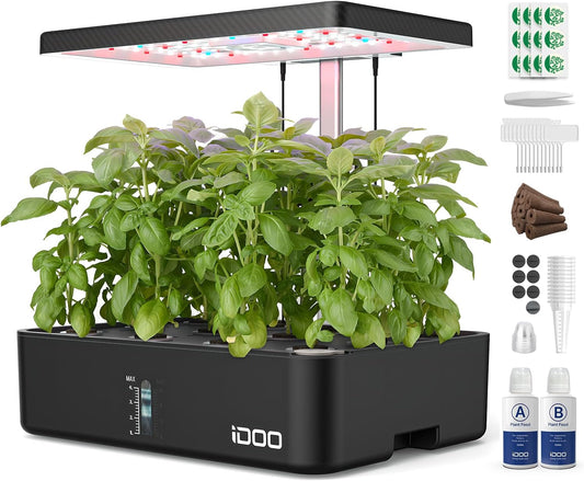 Hydroponics Growing System Kit 12Pods, for Women Mom, Herb Garden Indoor with LED Grow Light for Home School, Built-In Fan, Auto-Timer, Adjustable Height up to 11.3", 12Pods-Black