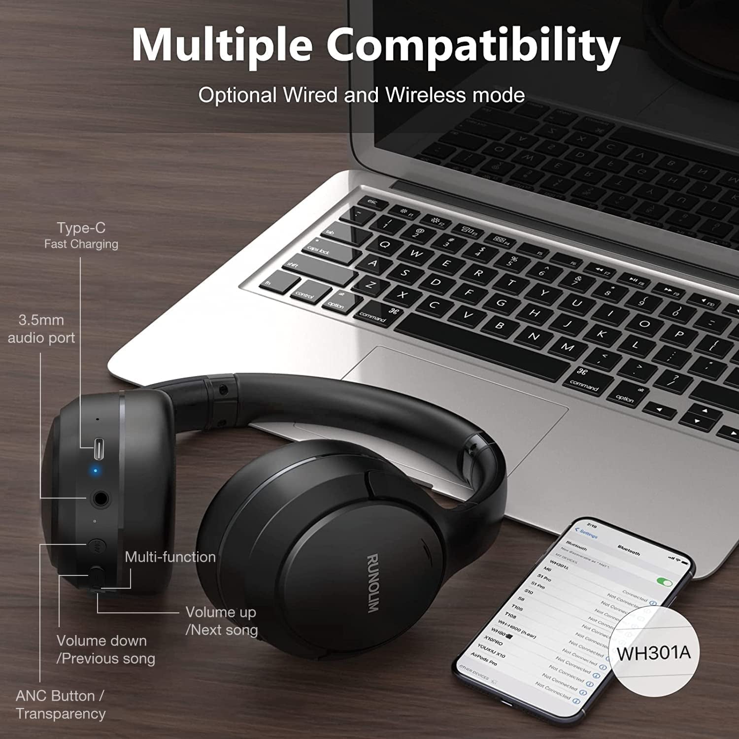 Hybrid Active Noise Cancelling Headphones, Wireless over Ear Bluetooth Headphones with Microphone, 70H Playtime, Foldable Headphones with Hifi Audio, Deep Bass for Home Travel Office