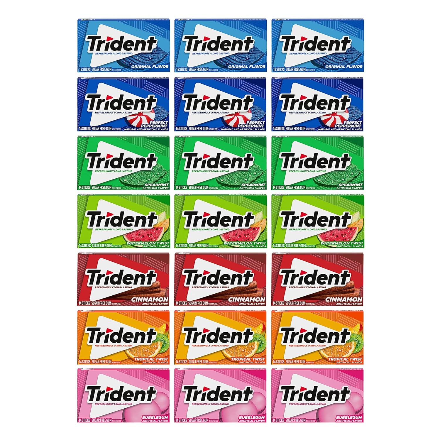 Sugar Free Gum Variety Pack, Spearmint, Perfect Peppermint, Original, Bubblegum, Watermelon, Cinnamon & Tropical Twist Flavors, 21 Packs of 14 Pieces (294 Total Pieces)