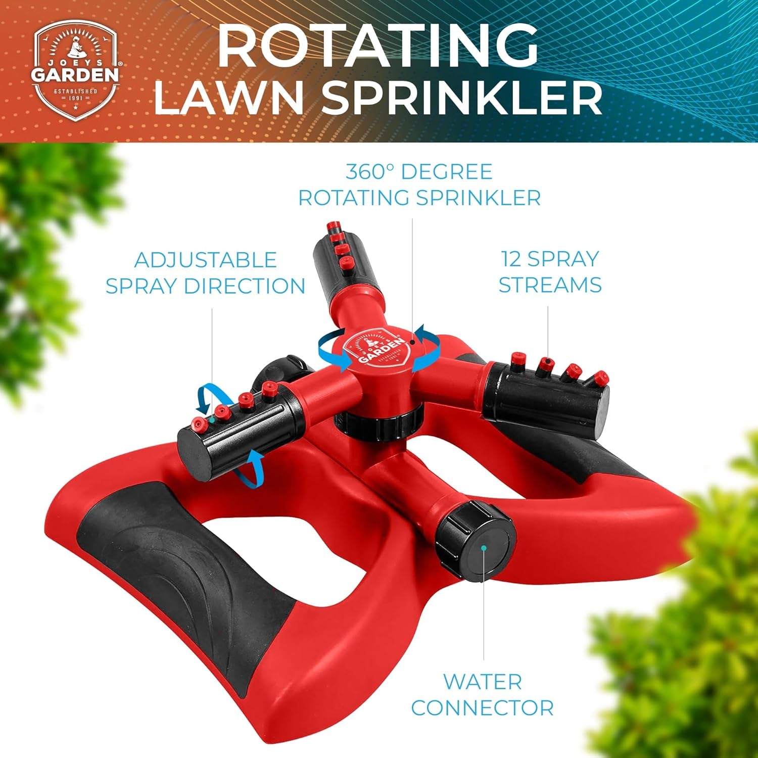 Joeys Sprinkler for Yard, Rotating Garden Sprinkler for Large Area Coverage, Lawn and Yard Sprinklers (Red)