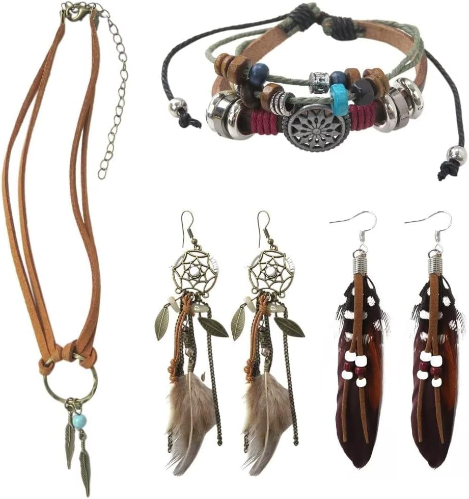 Native American Bohemian Jewelry Set for Women Cowgirl, 1 Turquoise Choker Necklace with Extension Chain, 2 Feather Earrings and 1 Leather Bracelet, Western Jewelry Sets