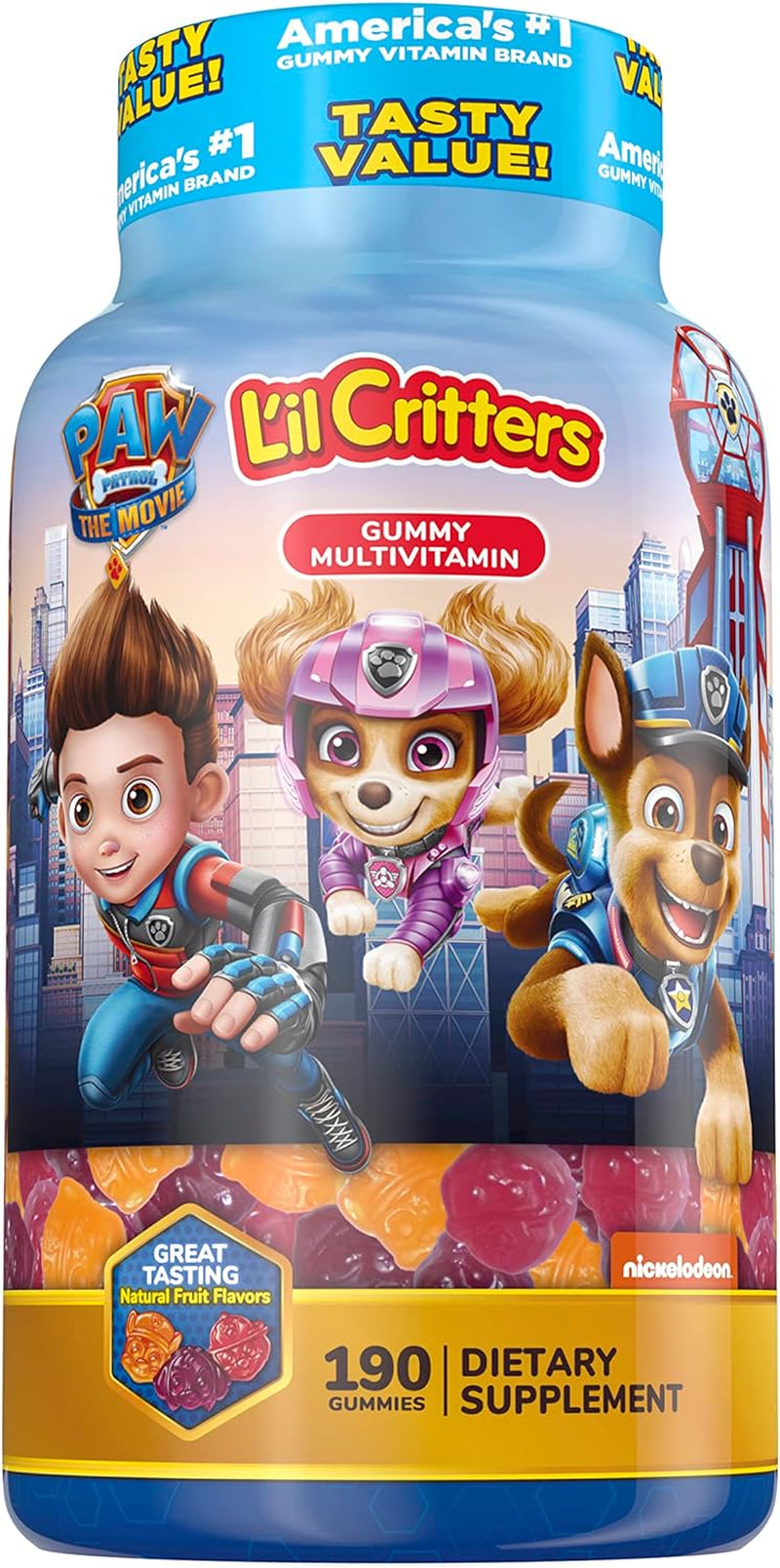 L’Il Critters Paw Patrol Gummy Vites Daily Gummy Multivitamin for Kids, Vitamin C, D3 for Immune Support Cherry, Orange and Blueberry Flavors, 190 Gummies