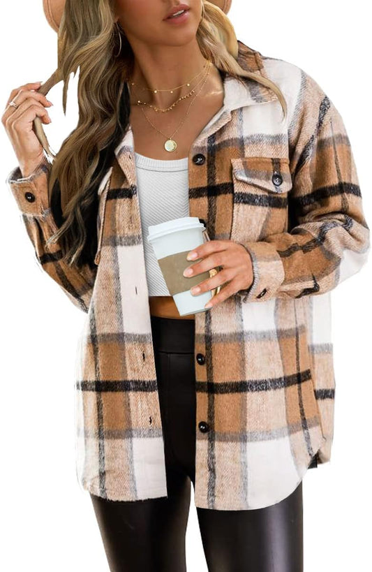 Womens Fall Outfits Fashion Clothes Shackets Flannel Plaid Button down Long Sleeve Shirts Jackets 2024