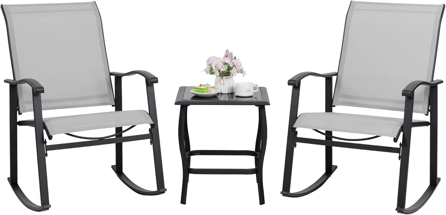 3 Piece Rocking Bistro Set, Outdoor Furniture with Rocker Chairs and Glass Coffee Table Set of 3, Balcony, Porch Furniture for Small Space, Light Gray