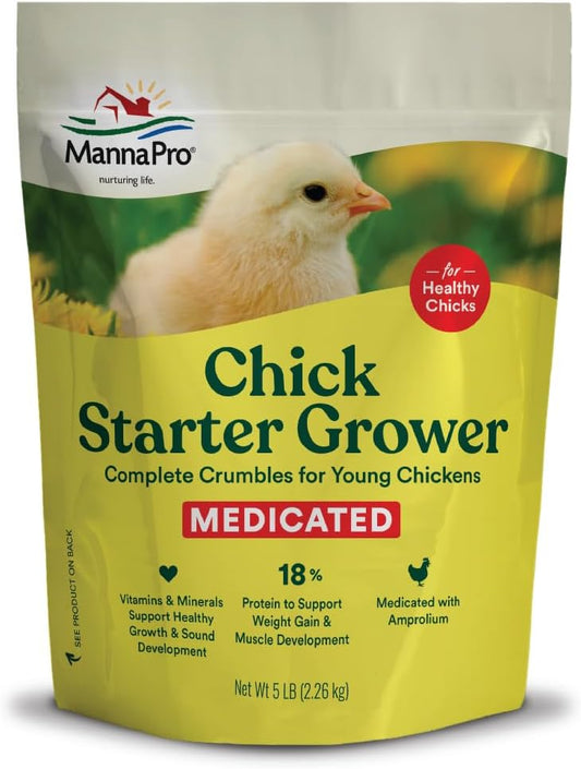 Chick Starter Grower - Medicated Chick Feed Crumble for Young Chickens - Formulated with Amprolium - 5 Lbs