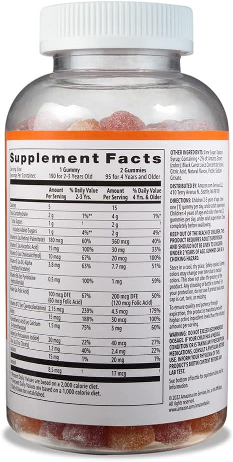 Kids' Multivitamin Gummies, Orange, Cherry & Strawberry, 190 Count (Previously Solimo)