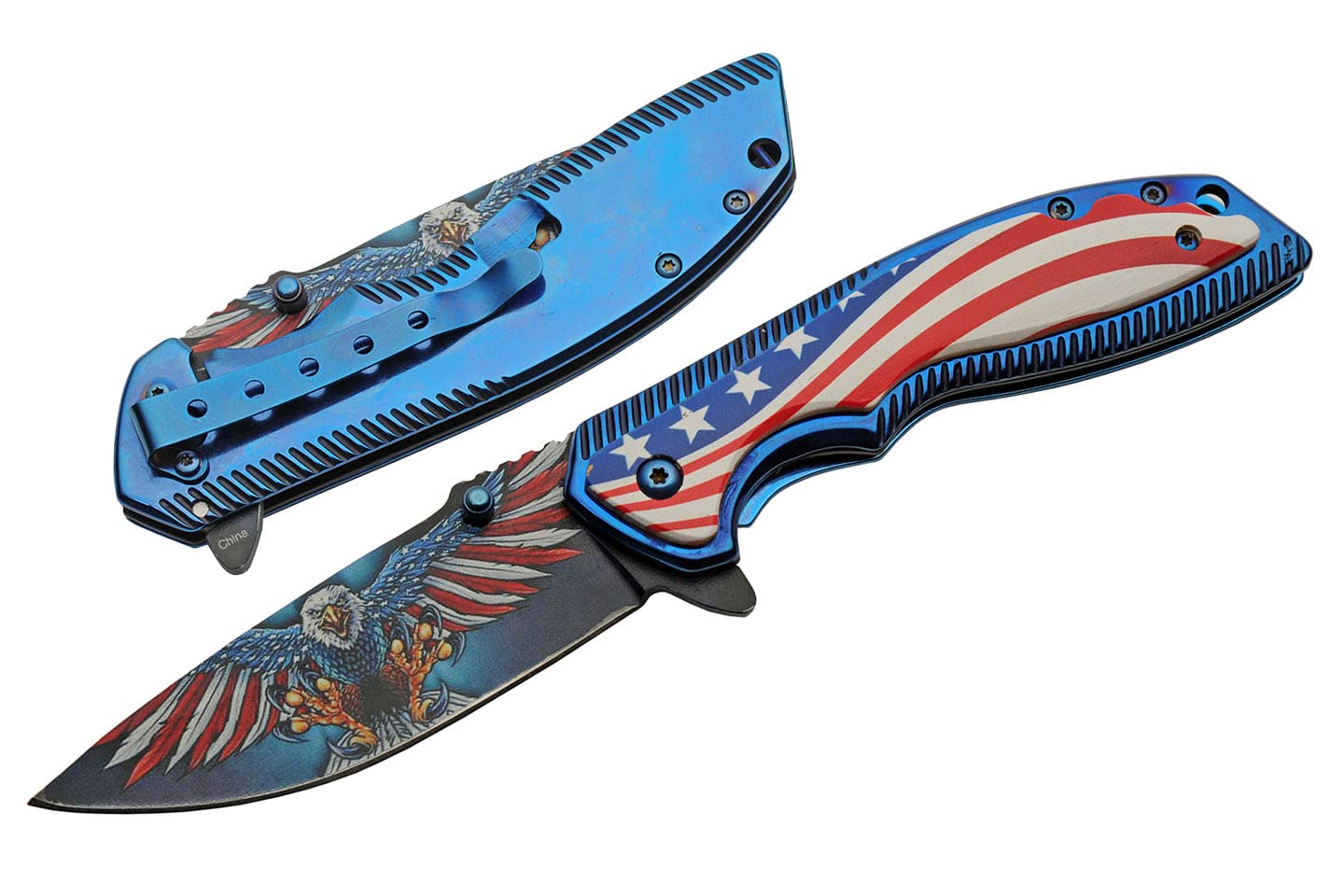 SZCO 8.25” American Eagle Titanium Finished Handled EDC Folding Knife with Pocket Clip, Red, White & Blue (300583)