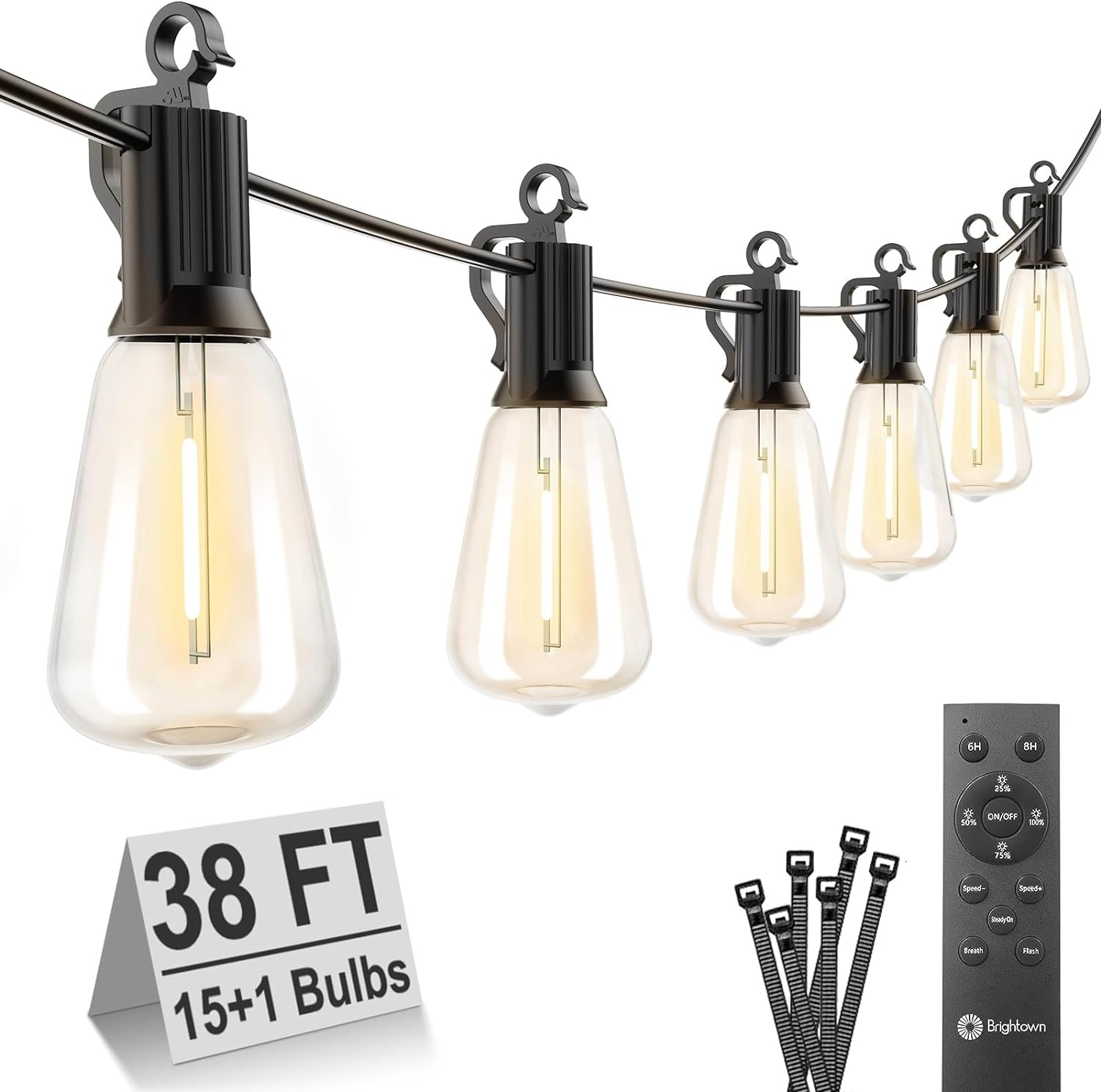 Outdoor String Lights with Remote, 38FT LED Patio Lights with 16 Shatterproof ST38 LED Bulbs, Waterproof outside Hanging Lights for Backyard Garden Porch Party Decor, 2700K