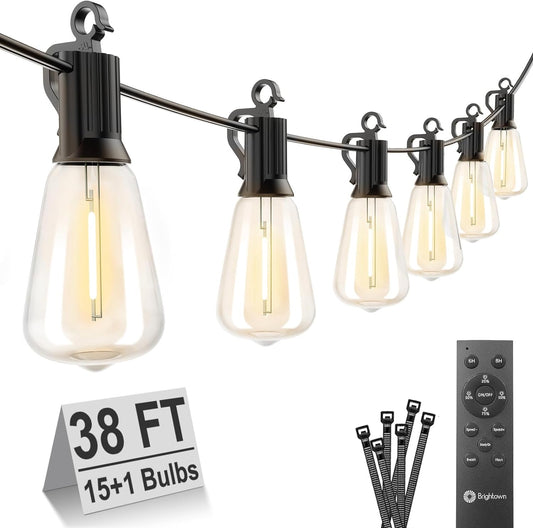 Outdoor String Lights with Remote, 38FT LED Patio Lights with 16 Shatterproof ST38 LED Bulbs, Waterproof outside Hanging Lights for Backyard Garden Porch Party Decor, 2700K