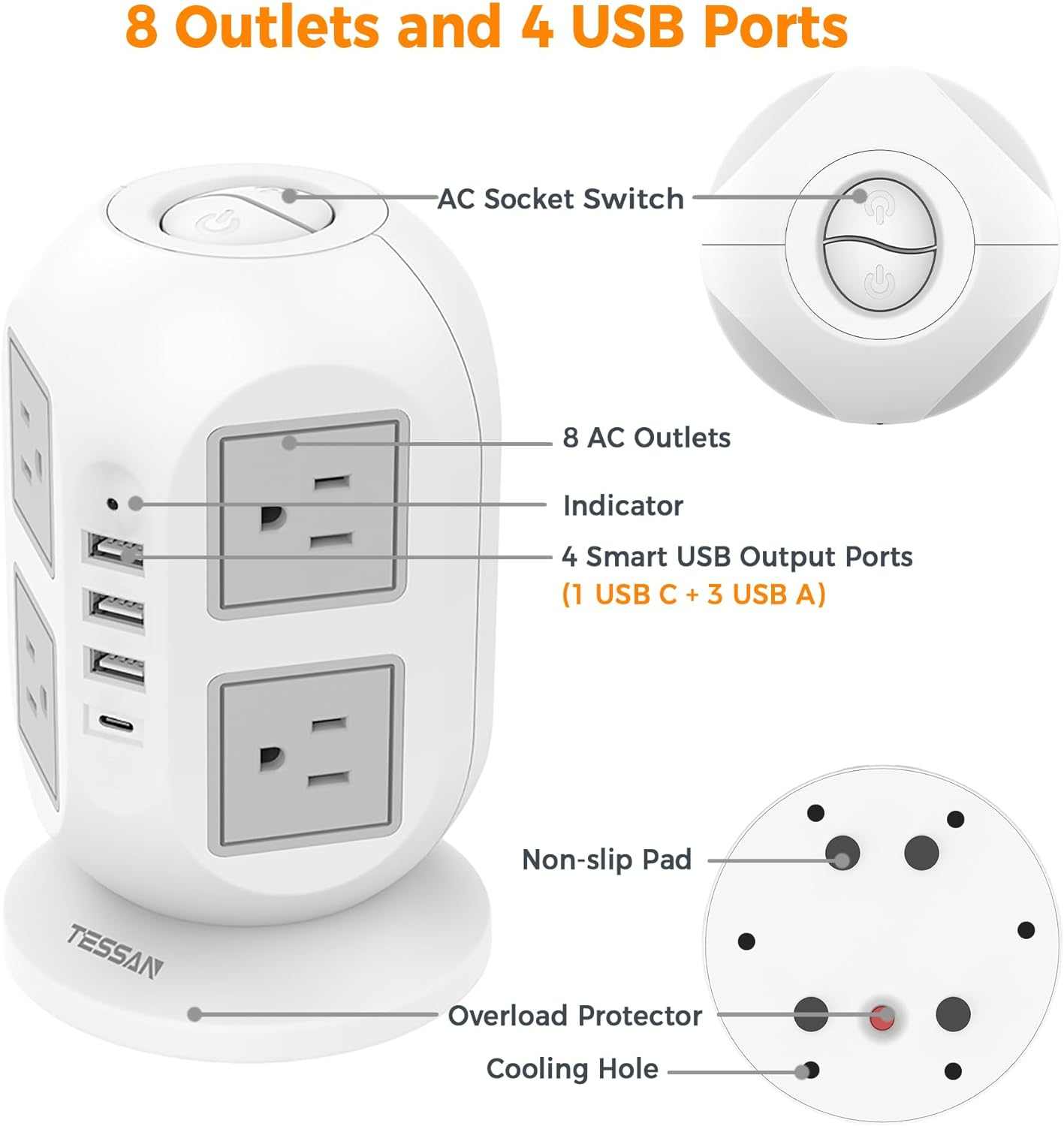 Tower Surge Protector Power Strip 10 Ft,  Long Flat Extension Cord with Multiple Outlets, 8 AC Outlets with 4 USB Ports (1 USB C), Charging Station with Surge Protection, for Home Office Dorm