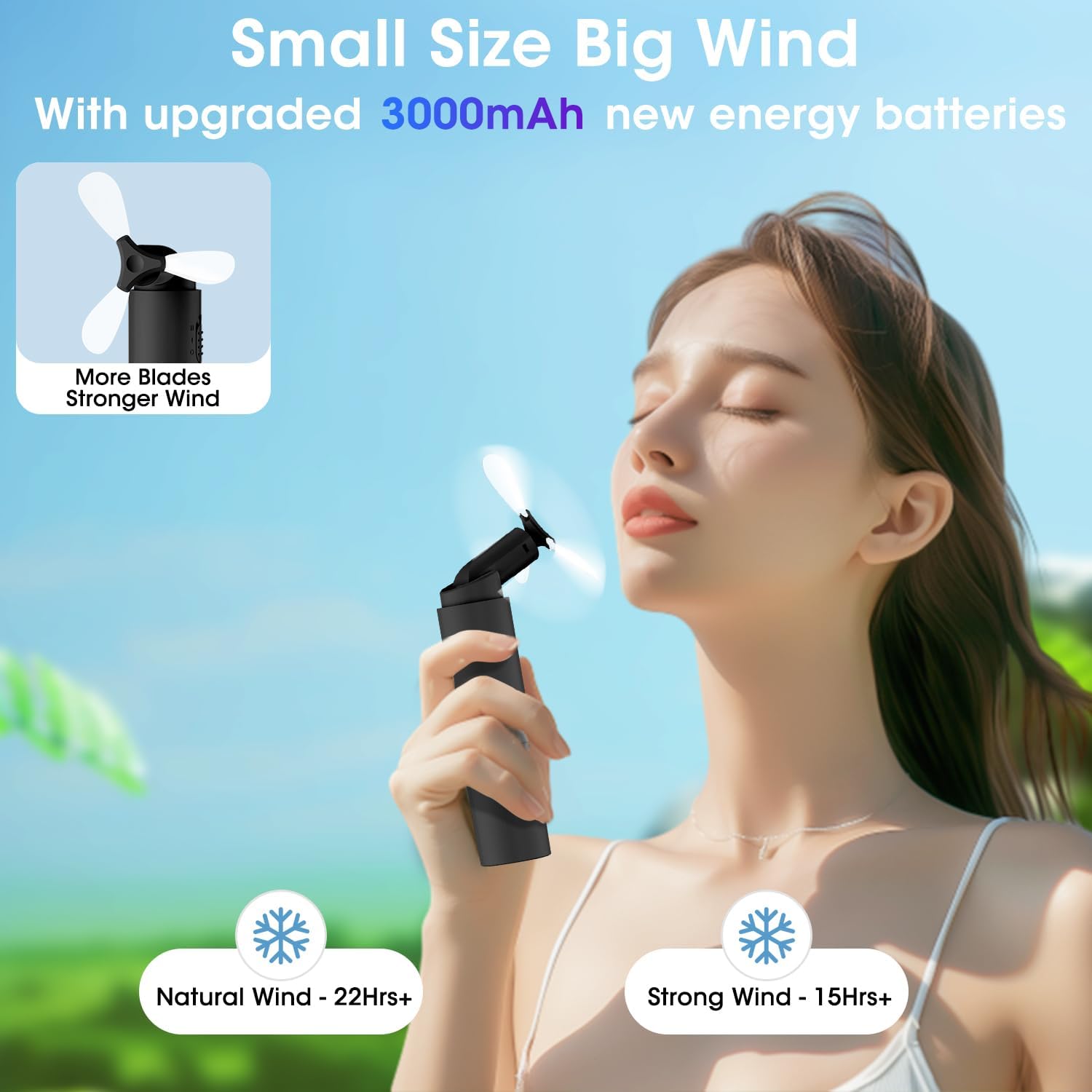 Handheld Mini Fan Portable Rechargeable 3000Mah USB Battery Powered 22+Hrs Runtime Small Hand Held Fan Foldable Pocket Personal Fan Gifts for Women Girls Men Office,Travel,Outdoor - Black