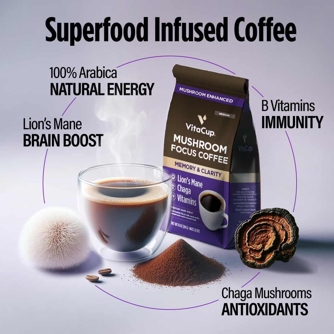 Focus Mushroom Coffee Grounds, with Lions Mane, Chaga, B Vitamins, D3, Boost Focus, Immunity, Memory & Clarity, Medium Dark Roast, Bold & Smooth 100% Arabica Specialty, 10 Oz