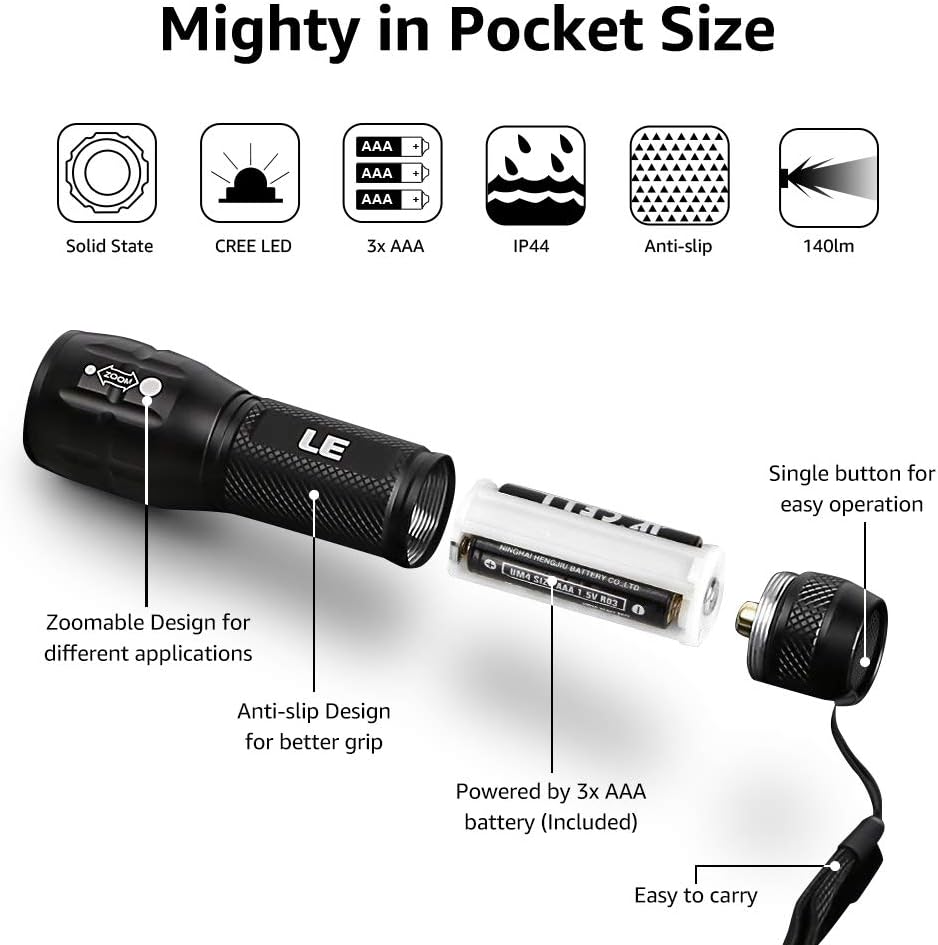 LED Flashlights High Lumens, Small Flashlight, Zoomable, Waterproof, Adjustable Brightness Flash Light for Outdoor, Emergency, AAA Batteries Included