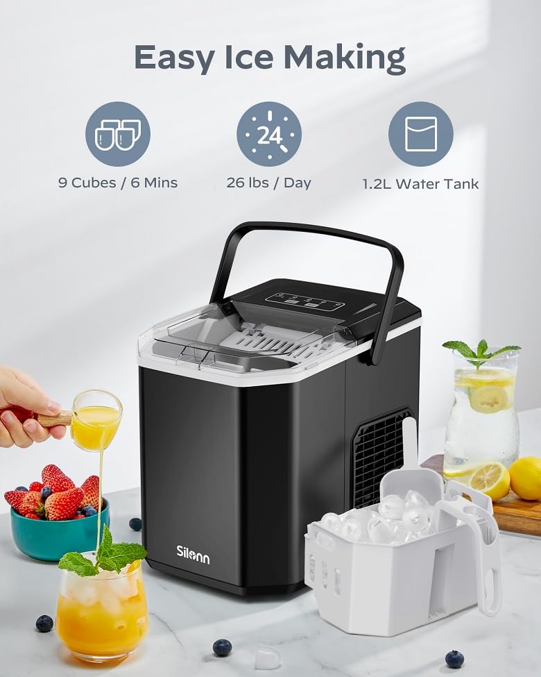 Ice Maker Countertop, Portable Ice Machine with Carry Handle, Self-Cleaning Ice Makers with Basket and Scoop, 9 Cubes in 6 Mins, 26 Lbs per Day, Ideal for Home, Kitchen, Camping, RV