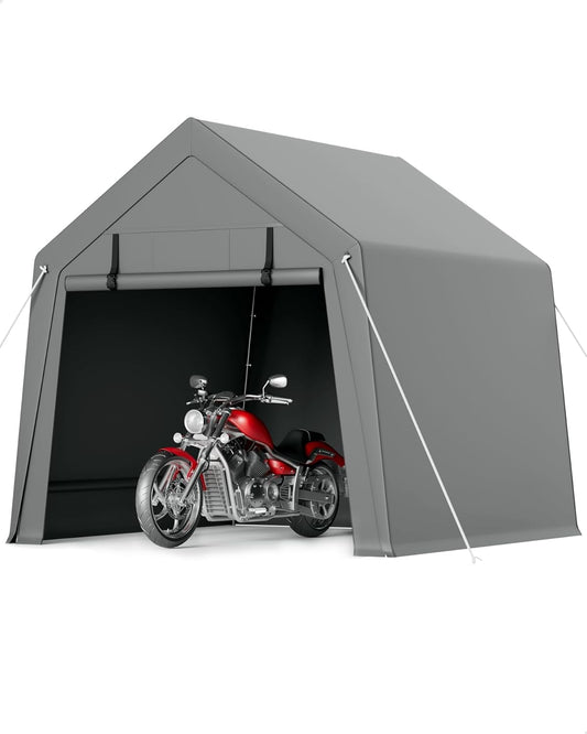 6 X 8 Ft Carport Storage Shed, Portable Garage with Roll-Up Zipper Door, Heavy Duty Waterproof Tarp, Storage for Motorcycle, Bike, Firewood, Garden Tools