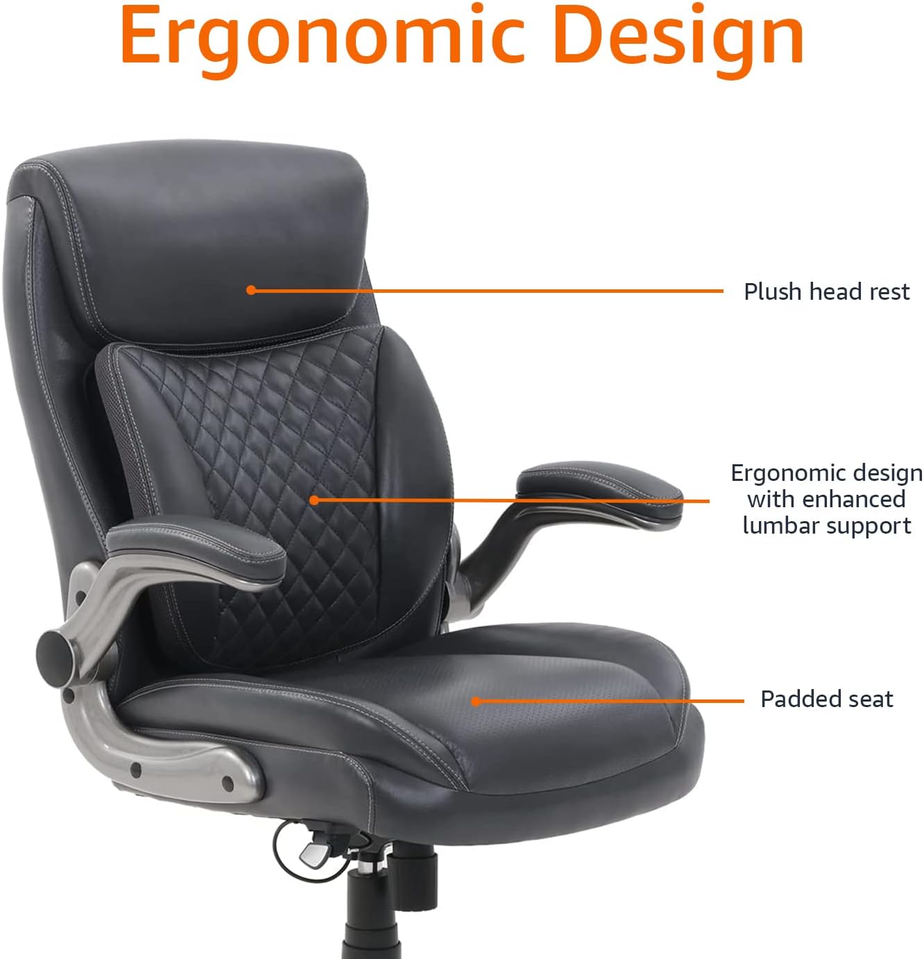 Ergonomic Executive Office Desk Chair with Flip-Up Armrests, Adjustable Height, Tilt and Lumbar Support, 29.5"D X 28"W X 43"H, Grey Bonded Leather (Previously Amazoncommercial Brand)