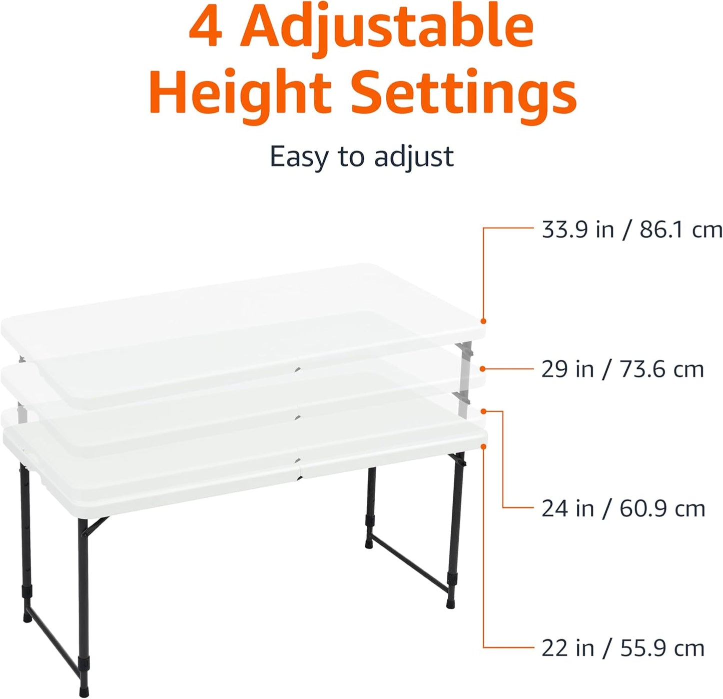 4 Foot Rectangular Folding Dining Table, 4 Adjustable Height Settings with Carrying Handle, Indoor & Outdoor, White, 47.8 X 23.9 X 33.9 Inches