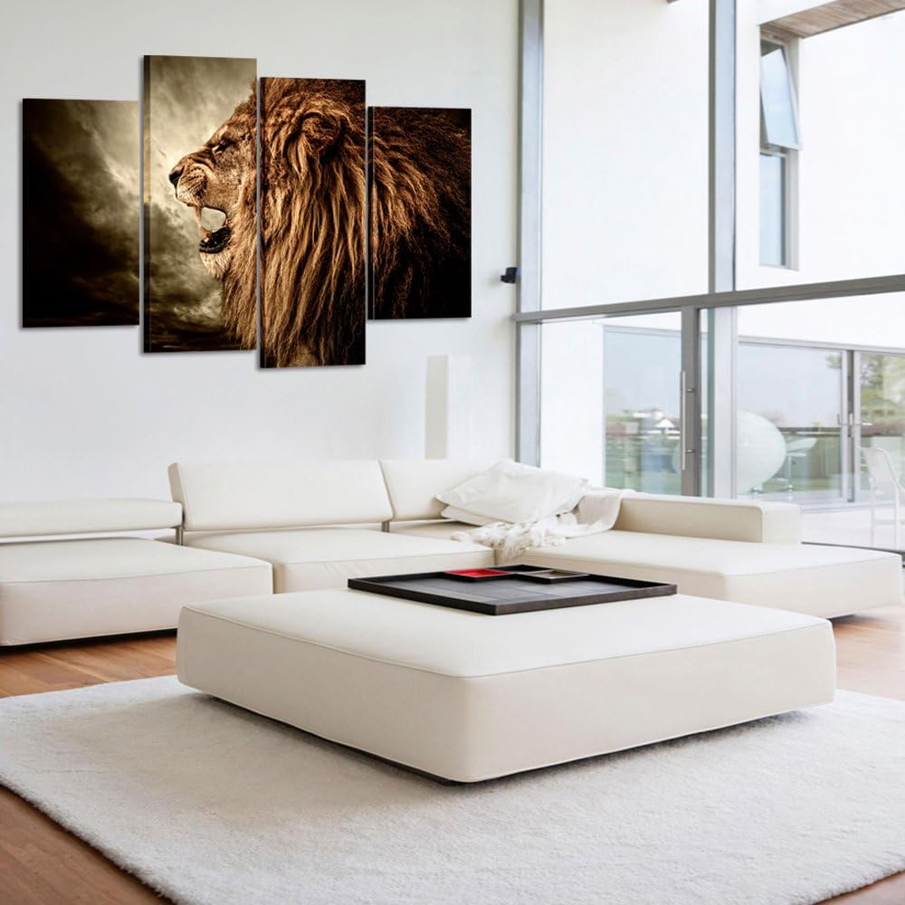 - 4 Panel Wall Art Lion Painting Print on Canvas Animal Pictures for Home Decor Decoration Gift Piece Stretched by Wooden Frame Ready to Hang