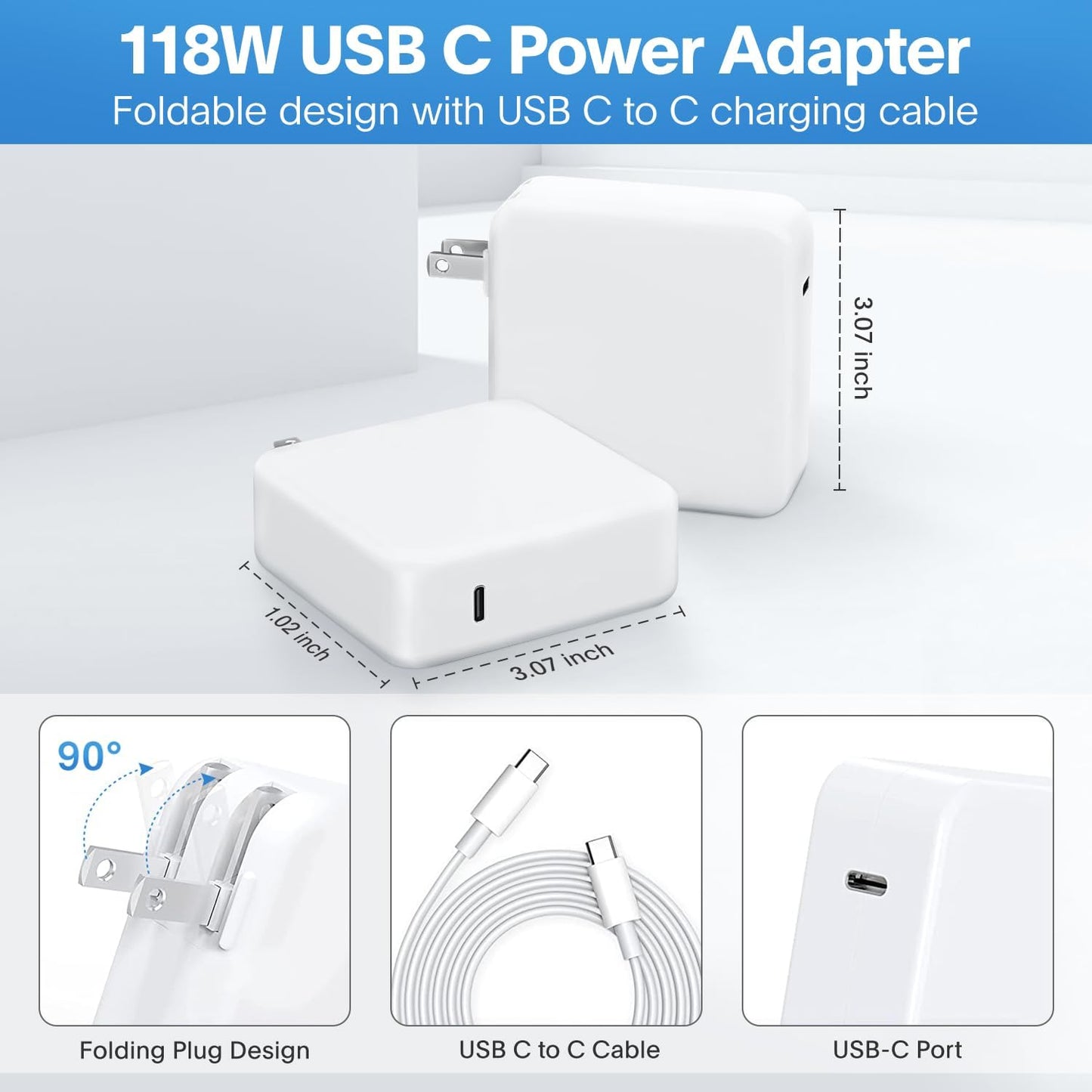 Mac Book Pro Charger - 118W USB C Charger Fast Charger Compatible with USB C Port Macbook Pro/Air, Ipad Pro, Samsung Galaxy and All USB C Device, Include Charge Cable