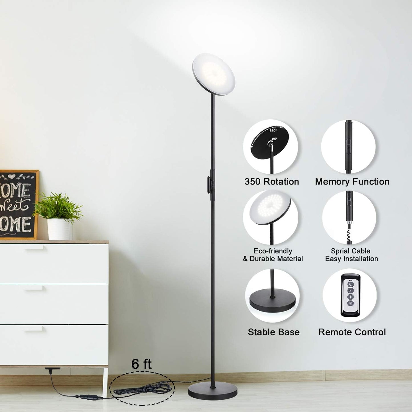 Floor Lamp,30W/2400Lm Sky LED Modern Torchiere 3 Color Temperatures Super Bright-Tall Standing Pole Light with Remote & Touch Control for Living Room,Bed Room,Office (Black)