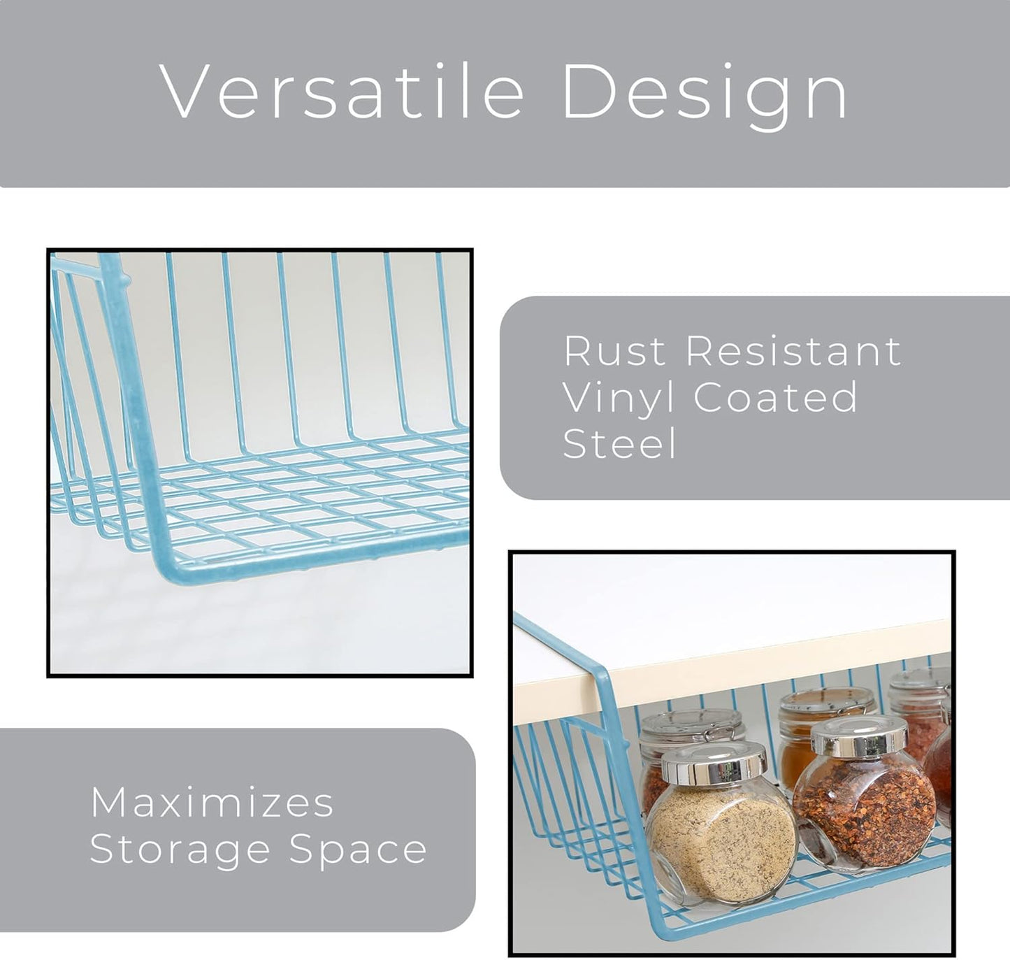 Undershelf Storage Basket - Medium - Snug Fit Arms - Steel Metal Frame - Rust Resistant - Cabinet, Pantry, and Shelf Organization - 16 X 5.5 Inch - Light Blue