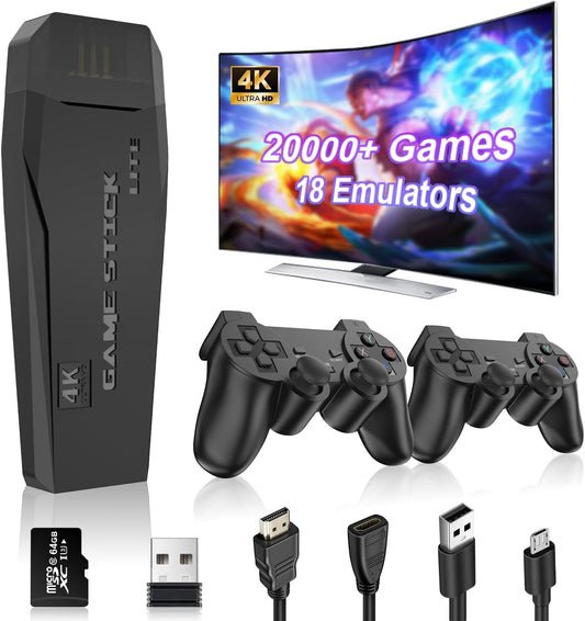 Wireless Retro Gaming Console Stick, Plug and Play TV Video Games Stick with Built-In 18 Emulators, Retro Drive 20000+ Games, 4K HDMI Output with 2 2.4G Wireless Controllers (64GB Memory Card)