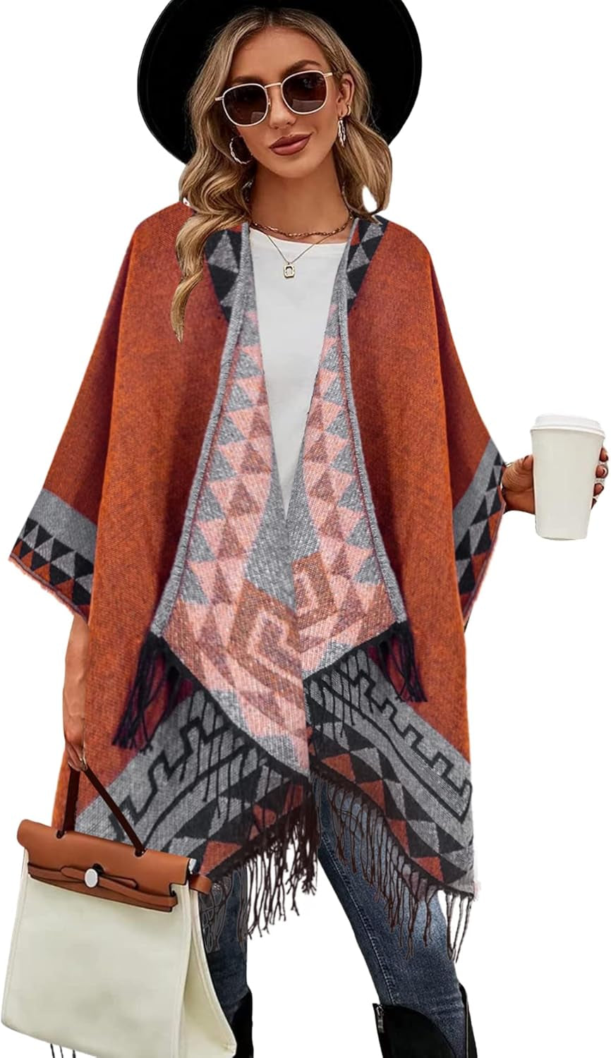 Women'S Printed Tassel Open Front Poncho Cape Wrap Shawl