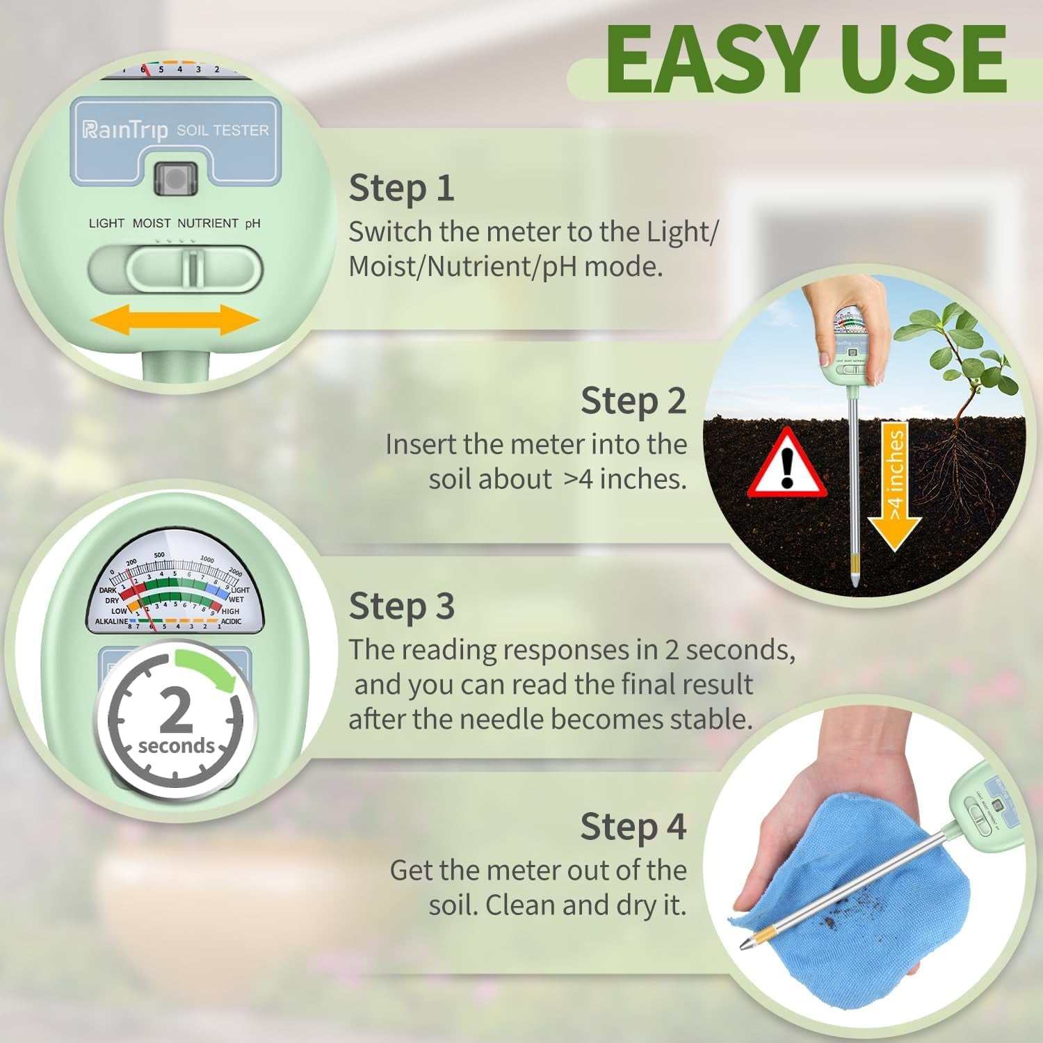 Soil Moisture Meter,4-In-1 Soil Ph Meter, Soil Tester for Moisture, Light,Nutrients, Ph,Soil Ph Test Kit, Great for Garden, Lawn, Farm, Indoor & Outdoor Use (No Battery Required)