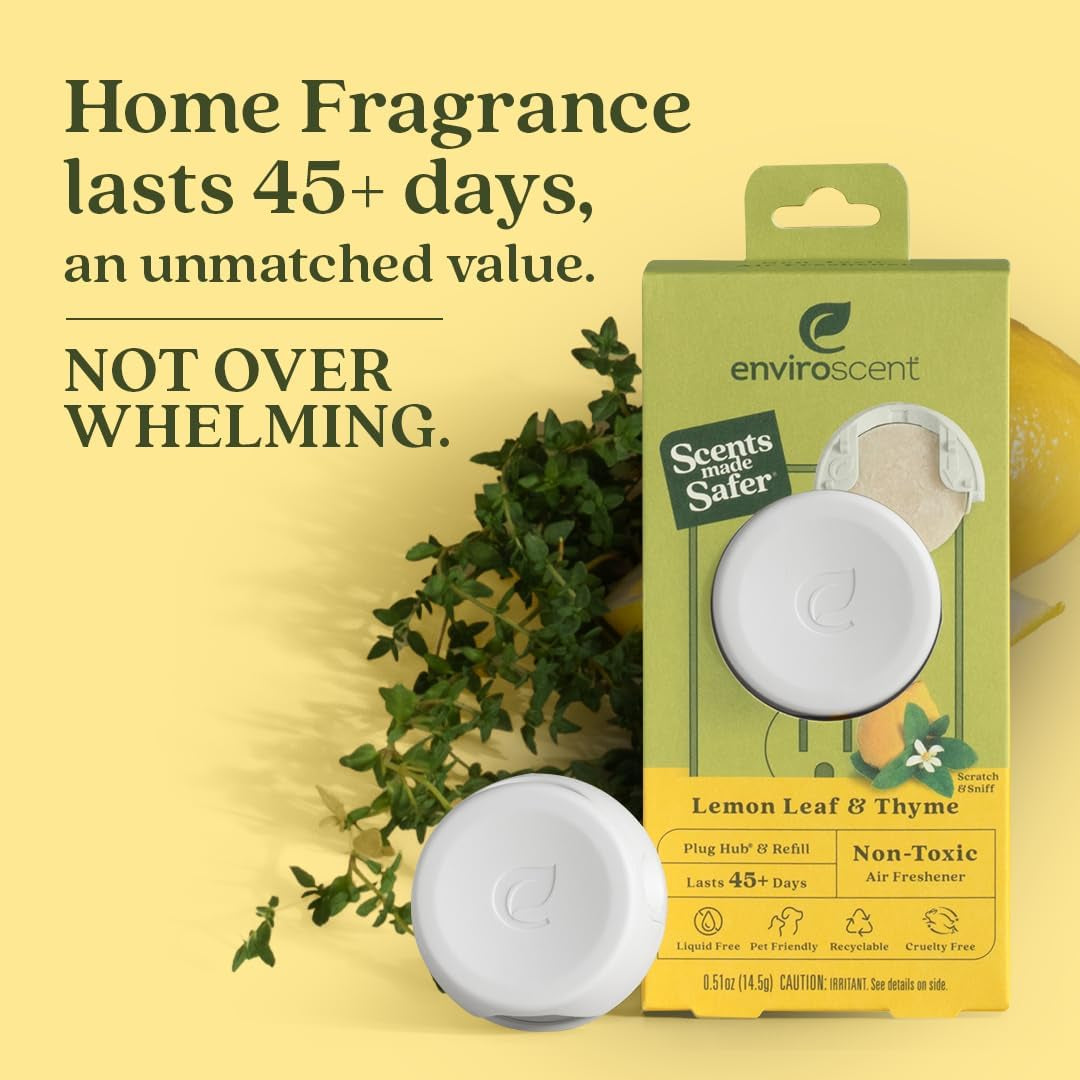 Non Toxic Air Freshener (Lemon Leaf & Thyme) Plug-In Air Freshener for Home | Essential Oil Plug in | Home Fragrance Last 45+ Days | 1 Refillable Air Freshener Plug in & 1 Scent Refill