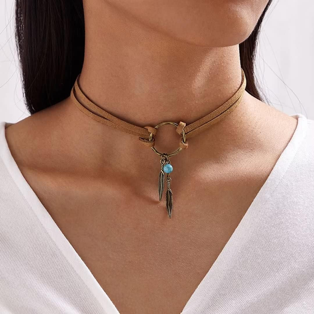 Native American Bohemian Jewelry Set for Women Cowgirl, 1 Turquoise Choker Necklace with Extension Chain, 2 Feather Earrings and 1 Leather Bracelet, Western Jewelry Sets