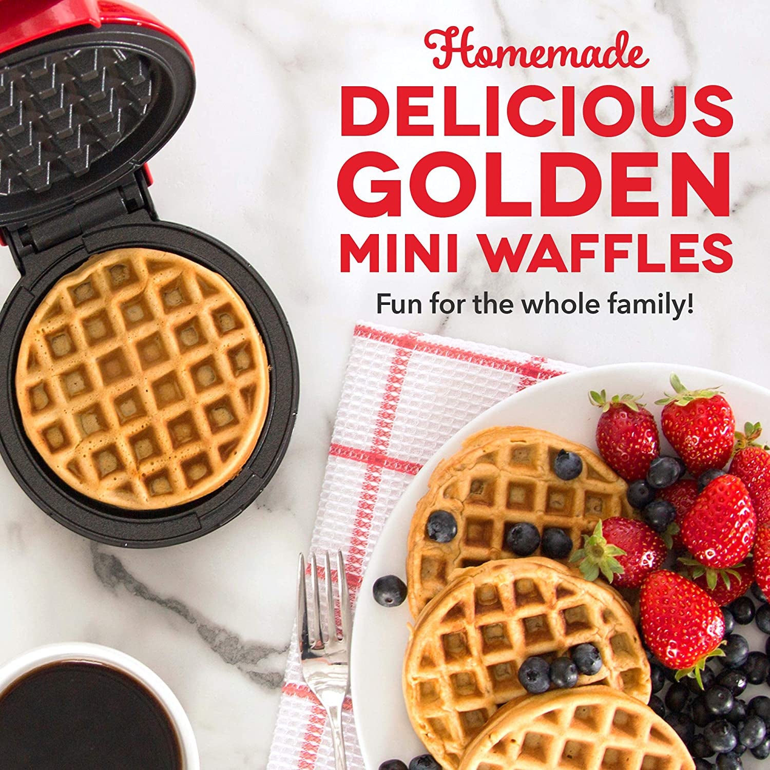 Mini Waffle Maker - 4” Waffle Mold, Nonstick Waffle Iron with Quick Heat-Up, Nonstick Surface - Perfect Mini Waffle Maker for Kids and Families, Just Add Batter (Red)