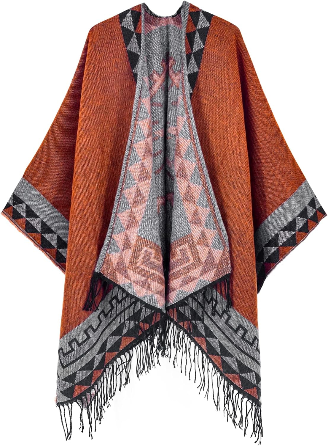Women'S Printed Tassel Open Front Poncho Cape Wrap Shawl