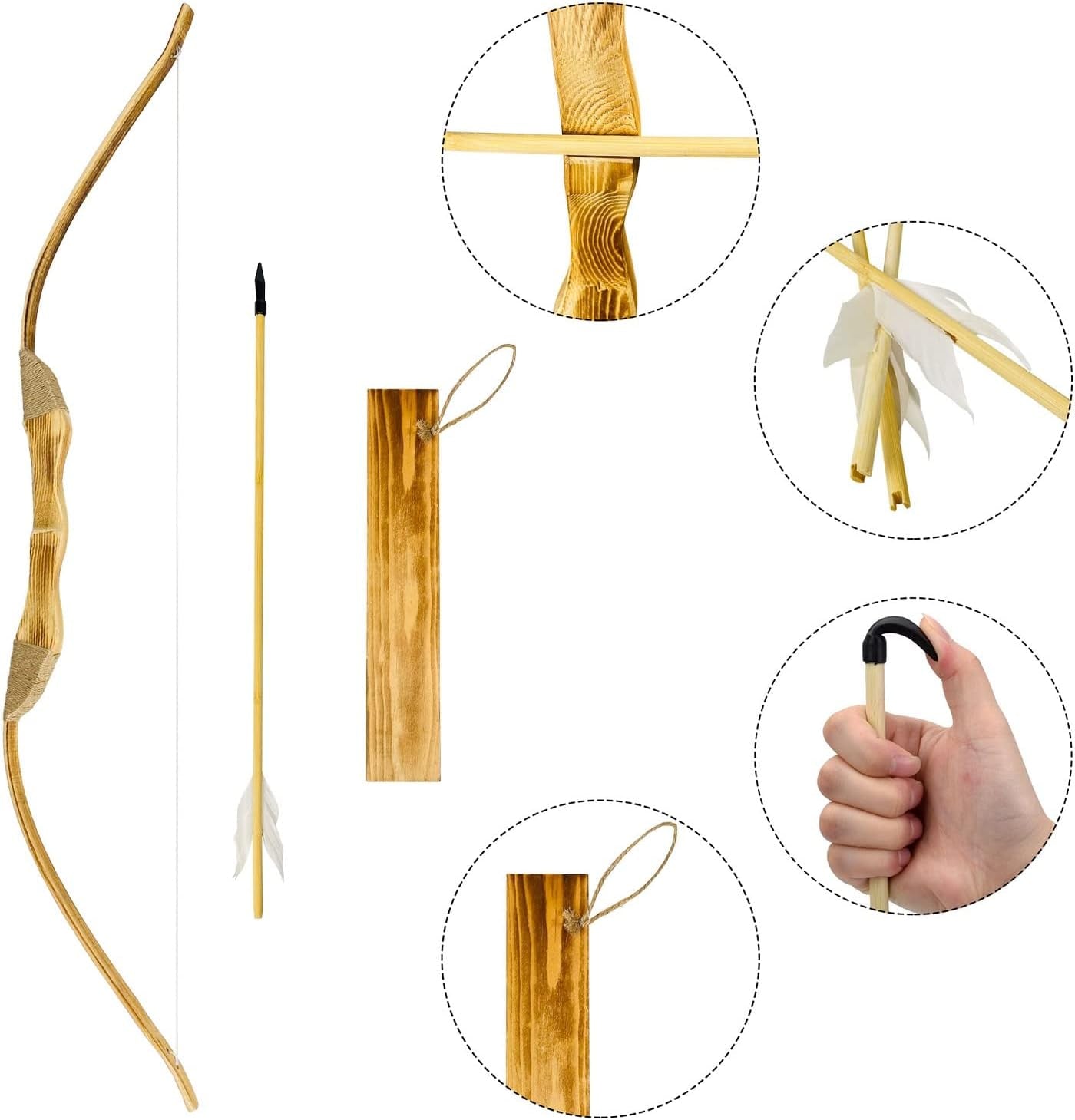 Youth Wooden Bow and Arrow Set, 40 Inch Handmade Wooden Bow and Arrow Cosplay Costume Prop Archery Set Games Toys, 1 Bows 1 Quivers and 3 Feather Arrows, Gifts for Kids Youth Boys and Girl